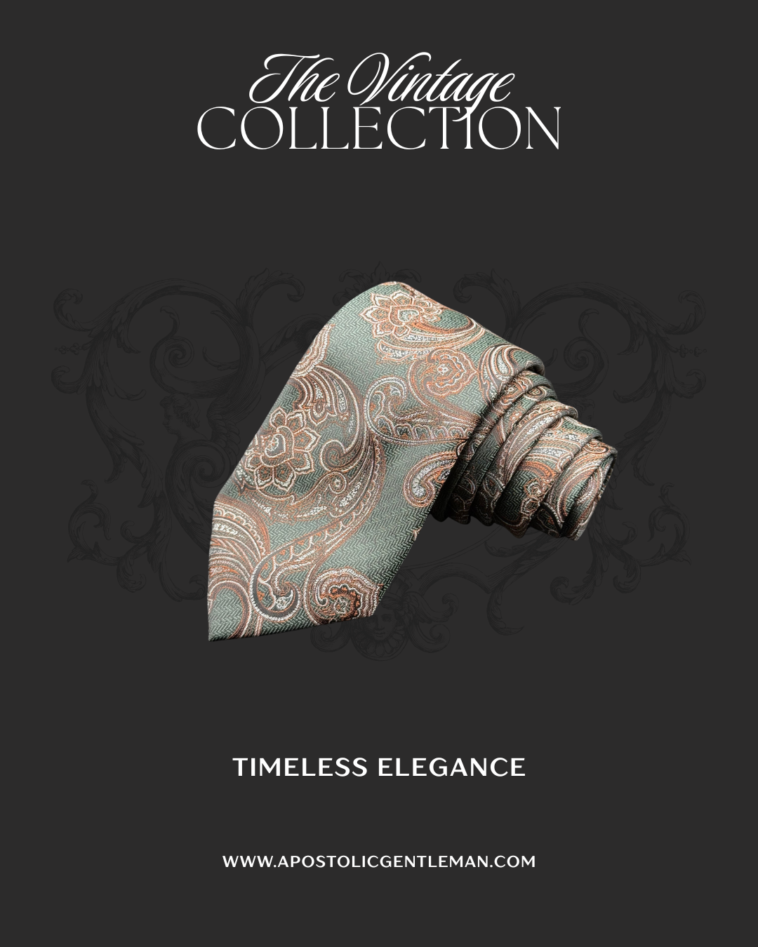 Brown and Silver Vintage Paisley on Deep Forest Green necktie