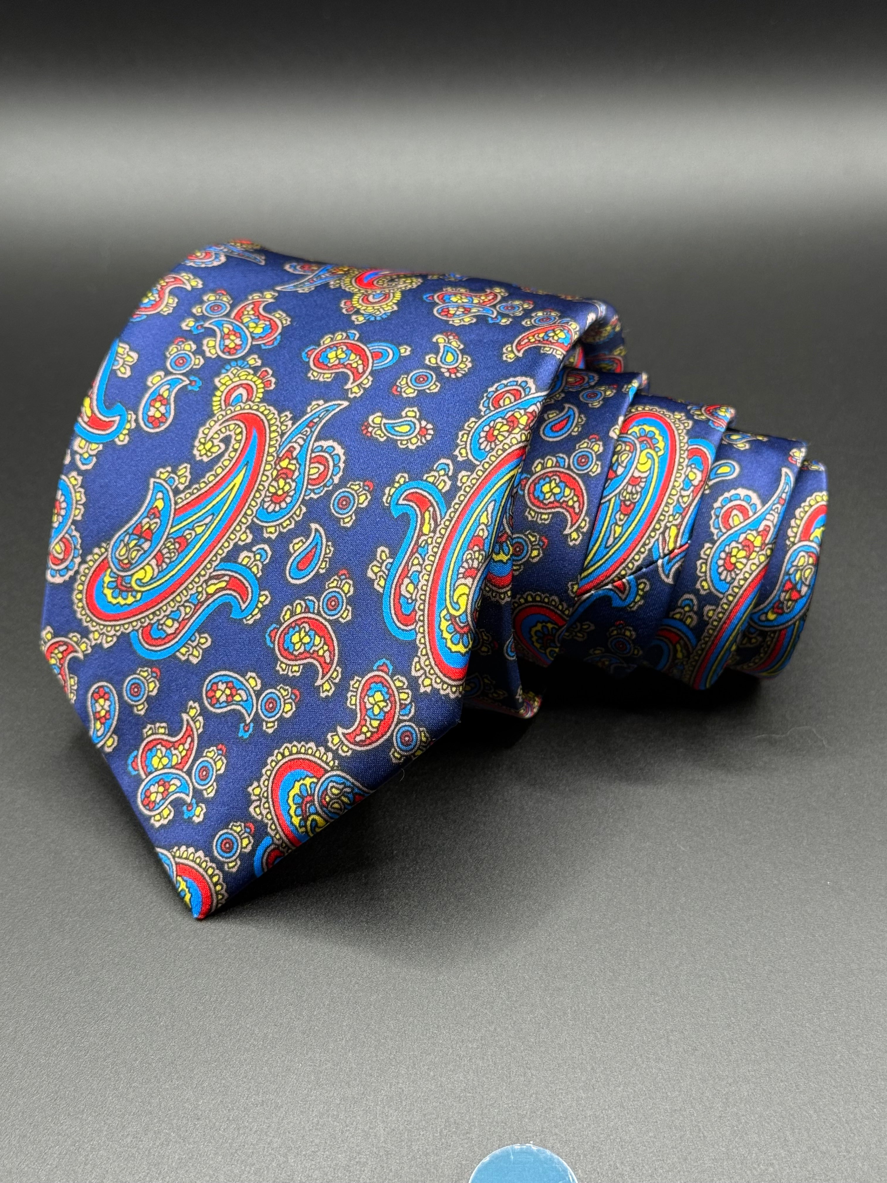 Red, Yellow, and Turquoise Vintage Paisley on Royal Blue Necktie