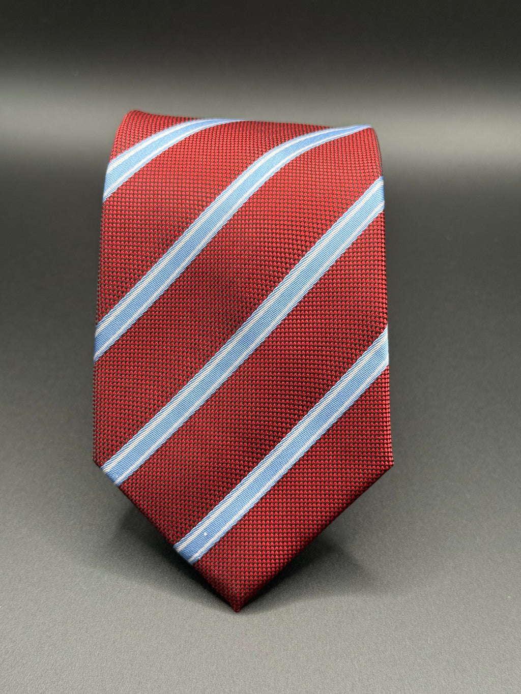 Deep Red, Sky Blue, and White Striped Necktie