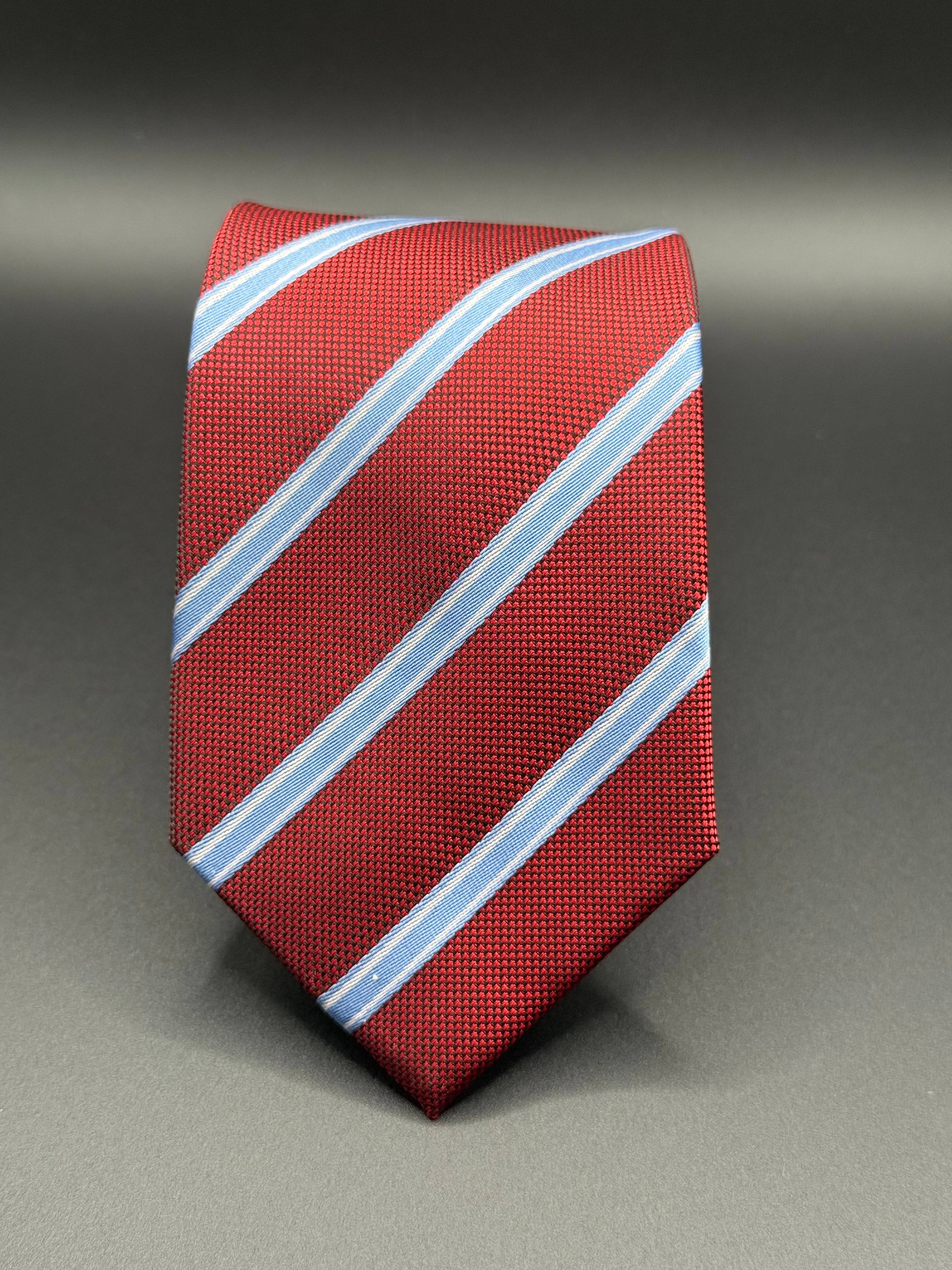 Deep Red, Sky Blue, and White Striped Necktie