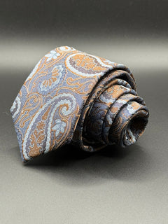 Bronze, Cream, and Sky Blue Paisley on Steel Blue Necktie