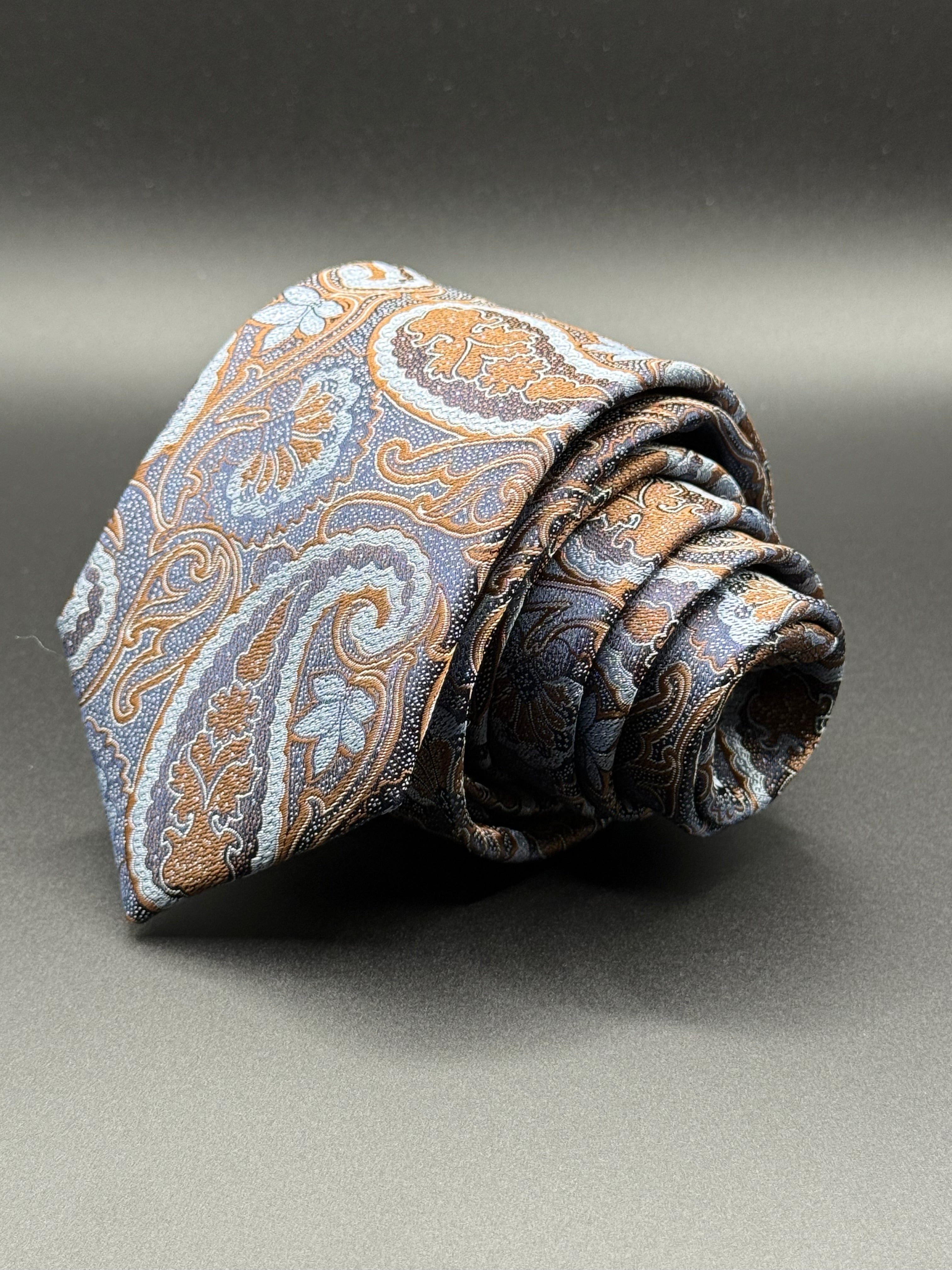 Bronze, Cream, and Sky Blue Paisley on Steel Blue Necktie