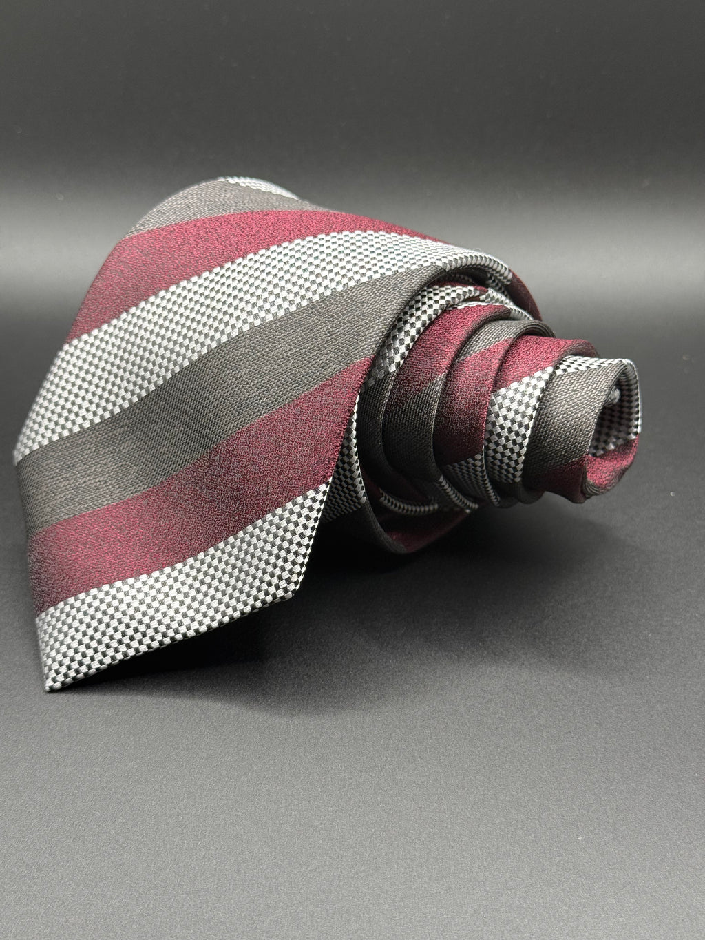 Burgundy, Charcoal White and Black Checkered Striped Necktie