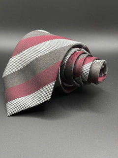 Burgundy, Charcoal White and Black Checkered Striped Necktie