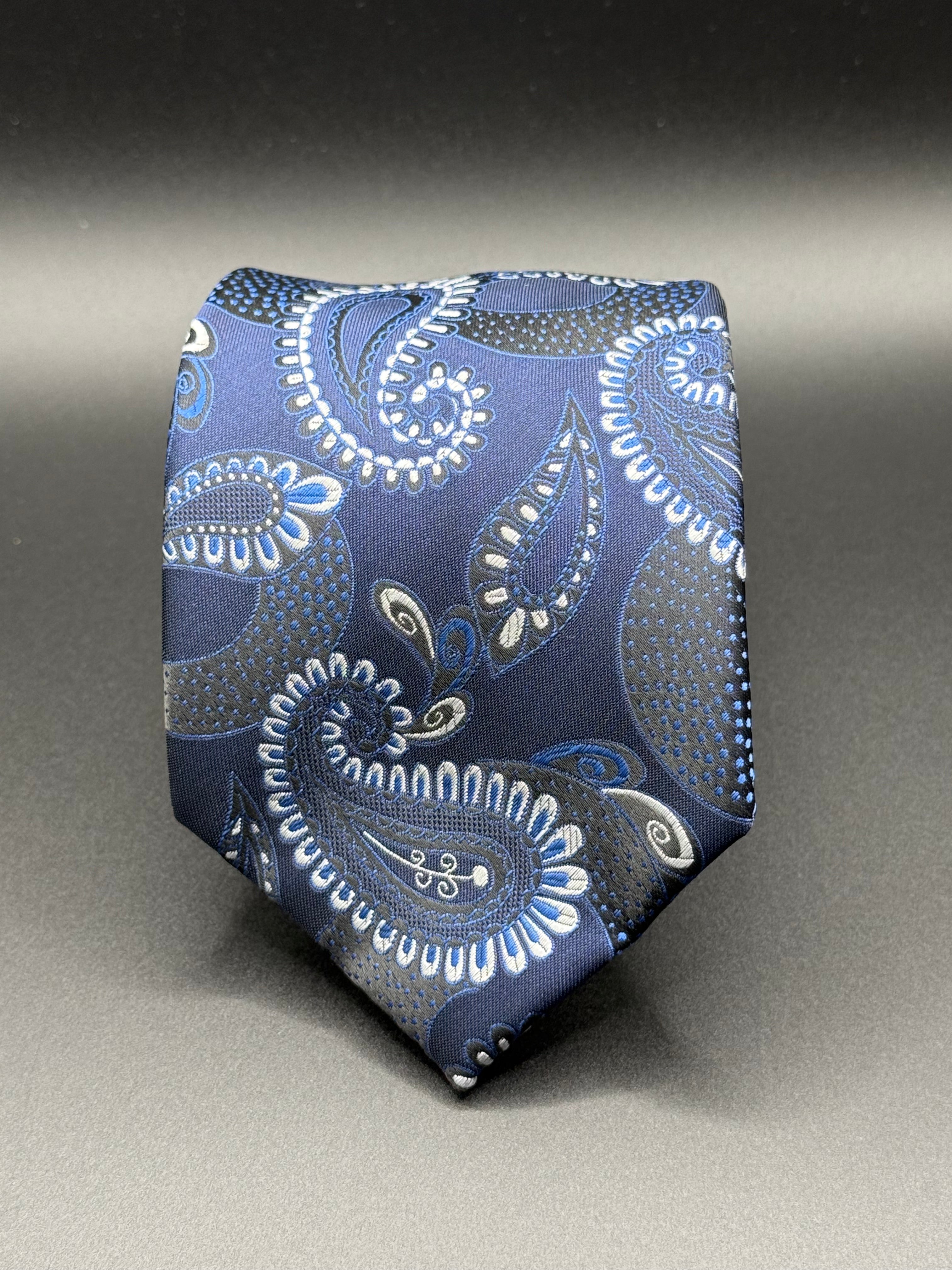 Steel Gray and Slate Blue Paisley on Navy Blue Necktie