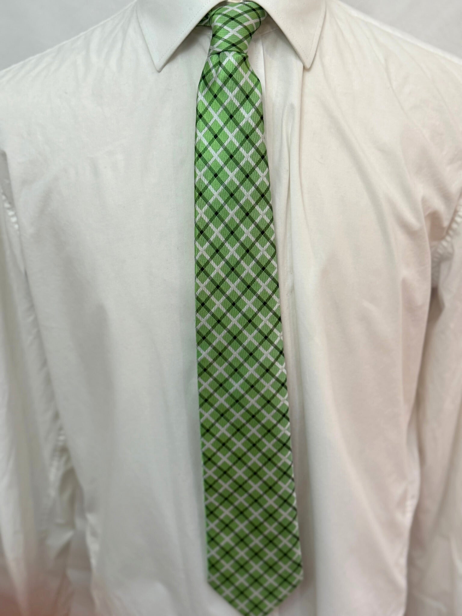 Light Green, White and Black Plaid Necktie