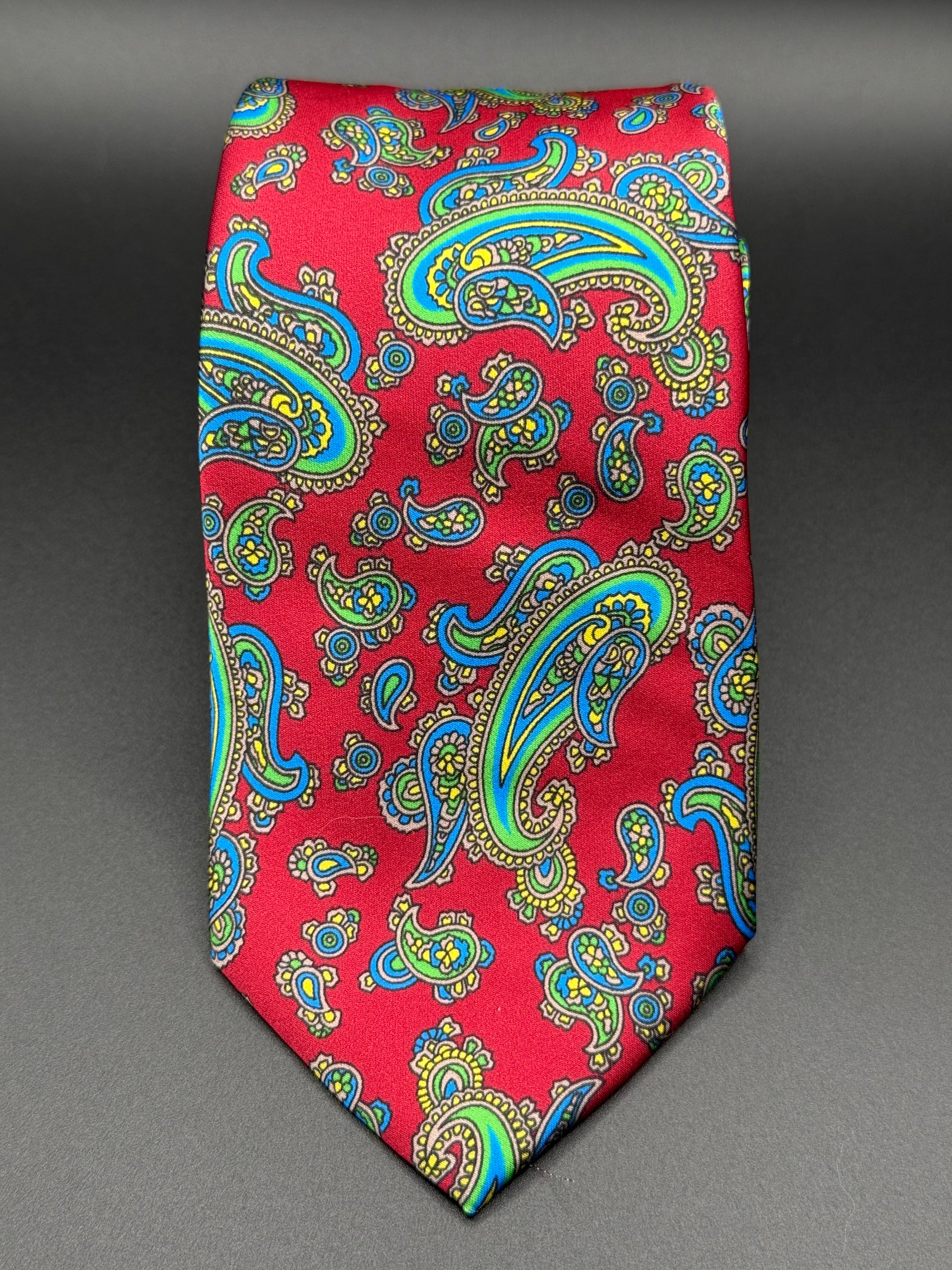 Lime Green, Yellow, and Turquoise Vintage Paisley on Red Necktie
