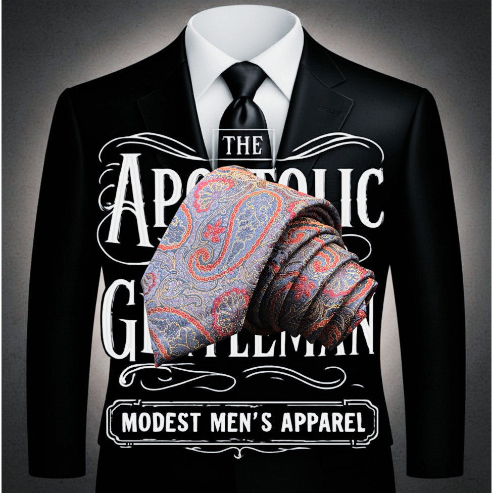 Coral Red, Cream, and Navy  Paisley on Slate Blue Necktie