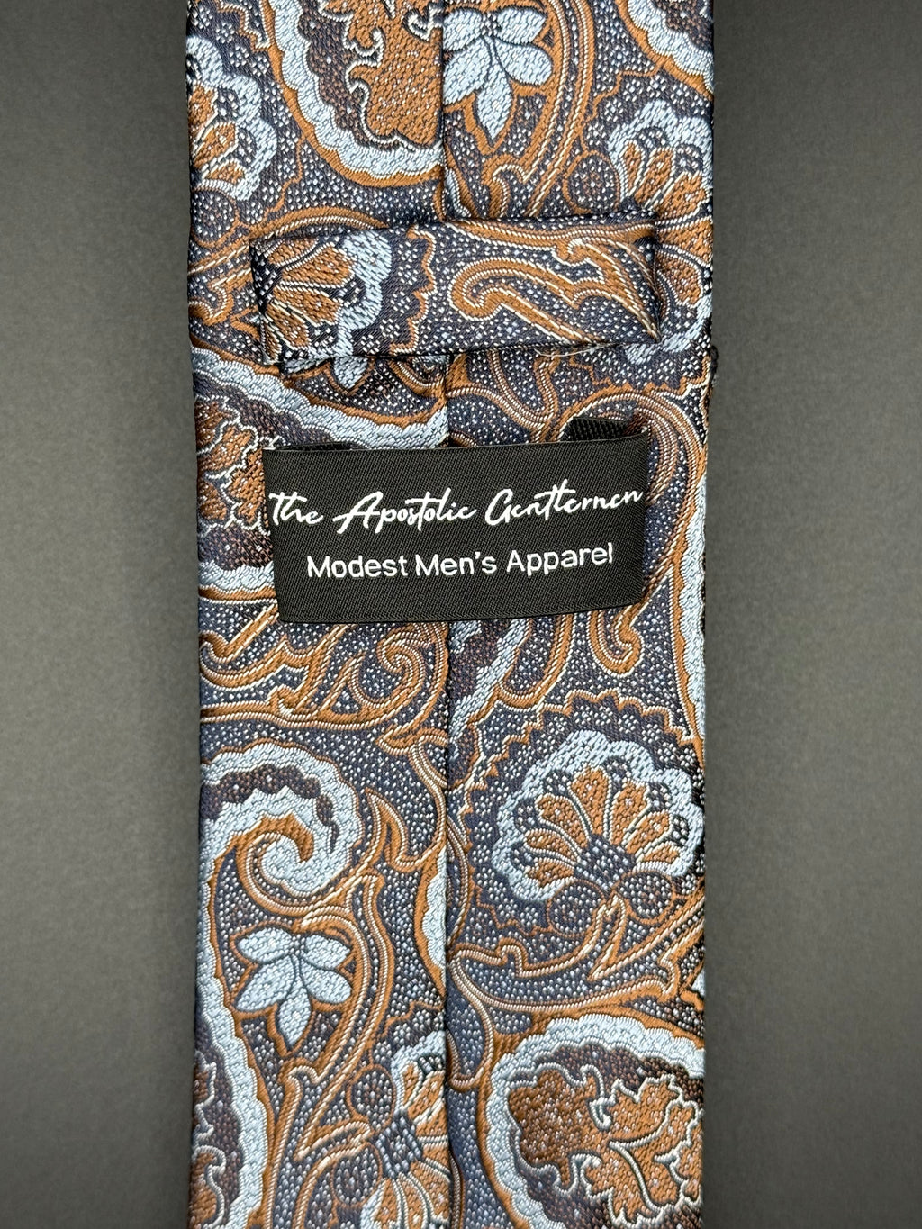 Bronze, Cream, and Sky Blue Paisley on Steel Blue Necktie
