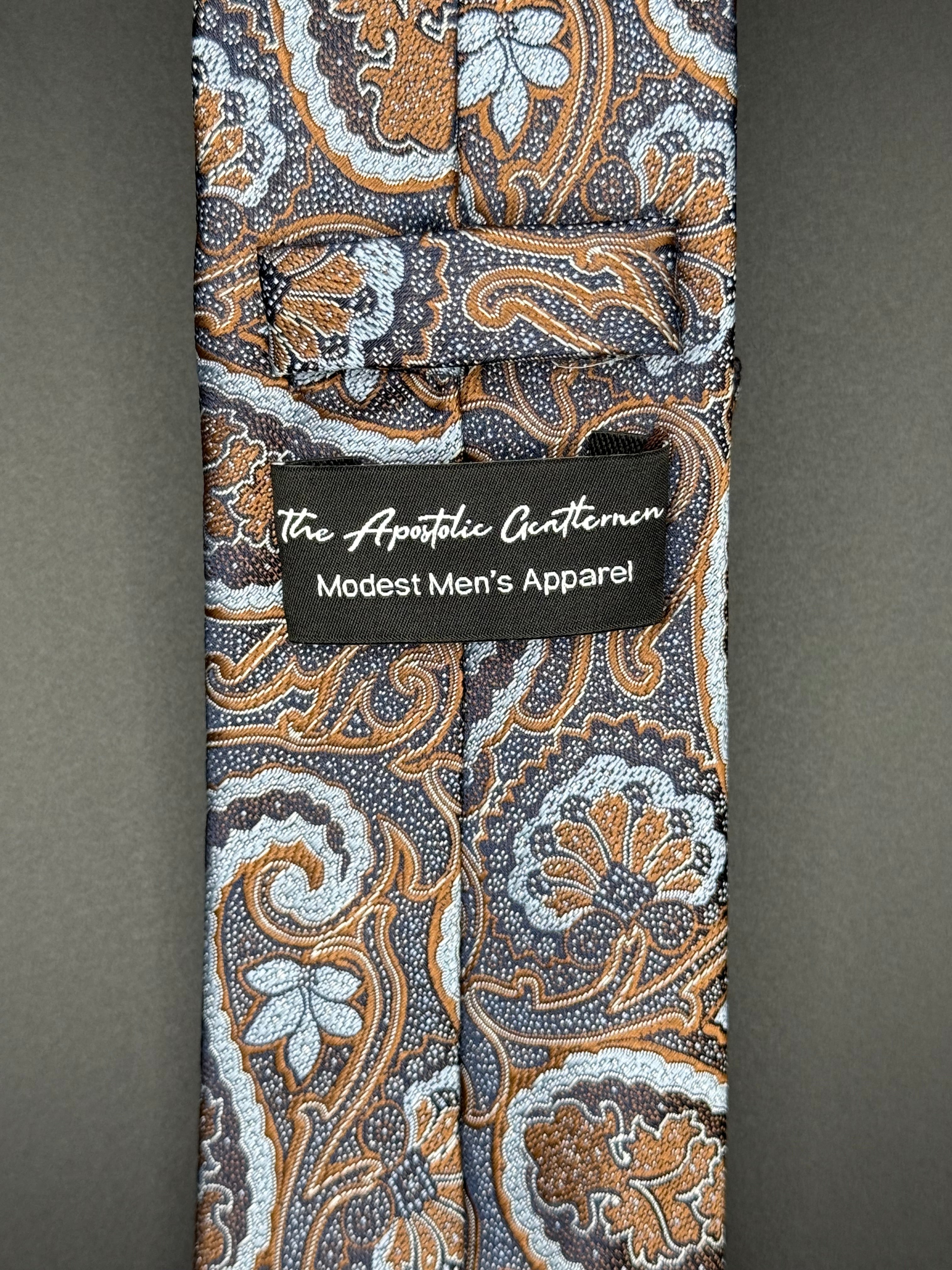 Bronze, Cream, and Sky Blue Paisley on Steel Blue Necktie