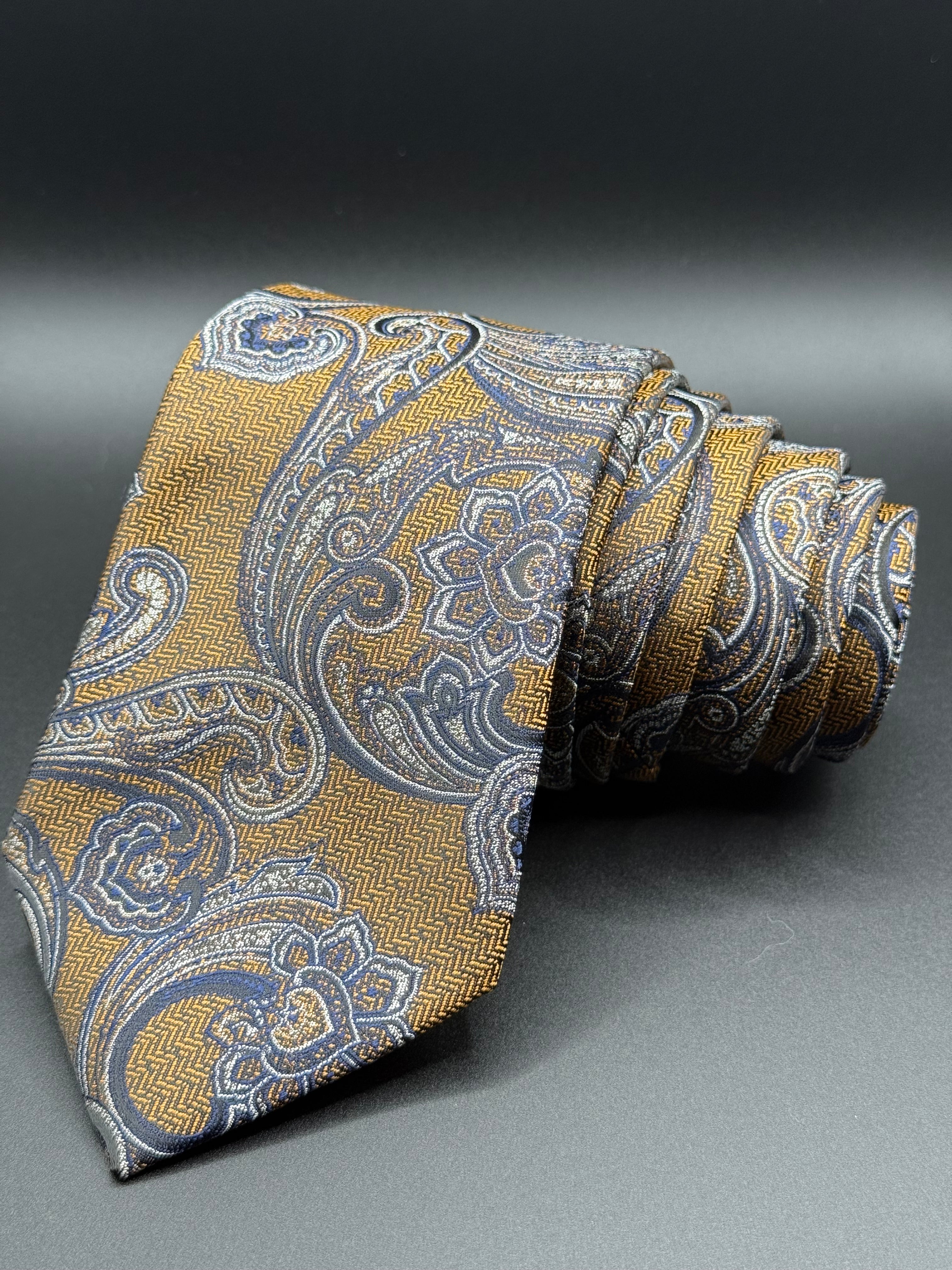 Silver and Sky Blue Vintage Paisley on Golden Yellow Necktie