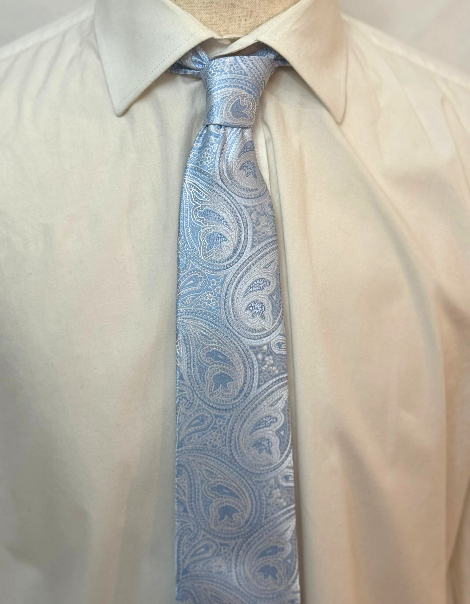 White and Sky Blue on Grey Paisley Necktie