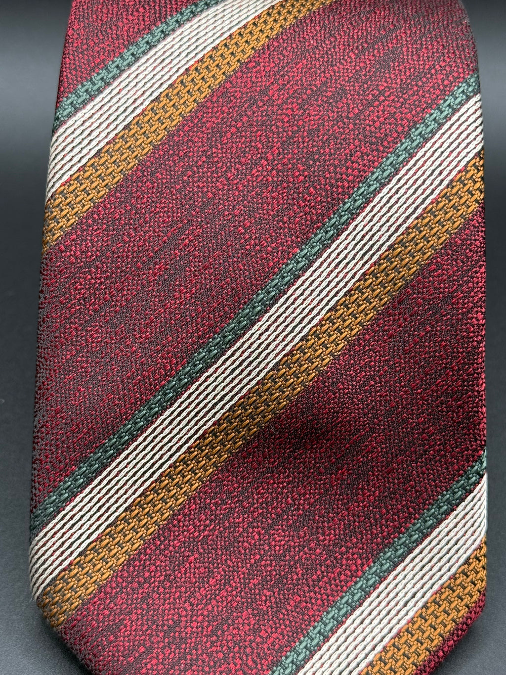 White, Forest Green, and Bronze Stripes on Burgundy Necktie