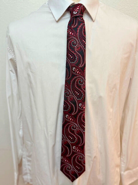 Black and Red Paisley with Silver and White Necktie