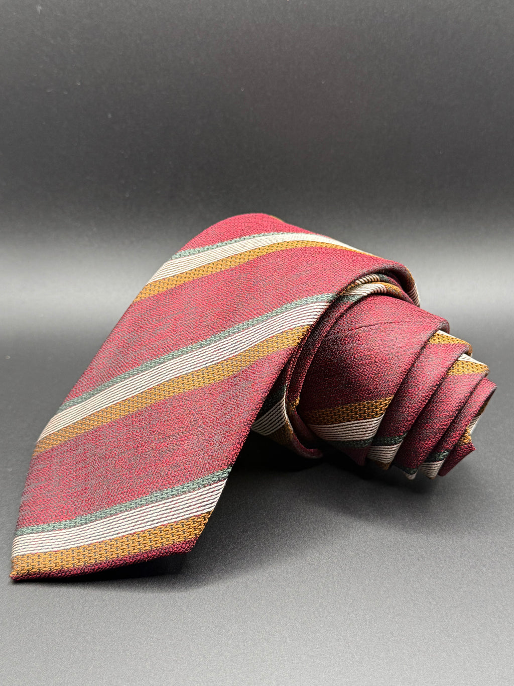 White, Forest Green, and Bronze Stripes on Burgundy Necktie