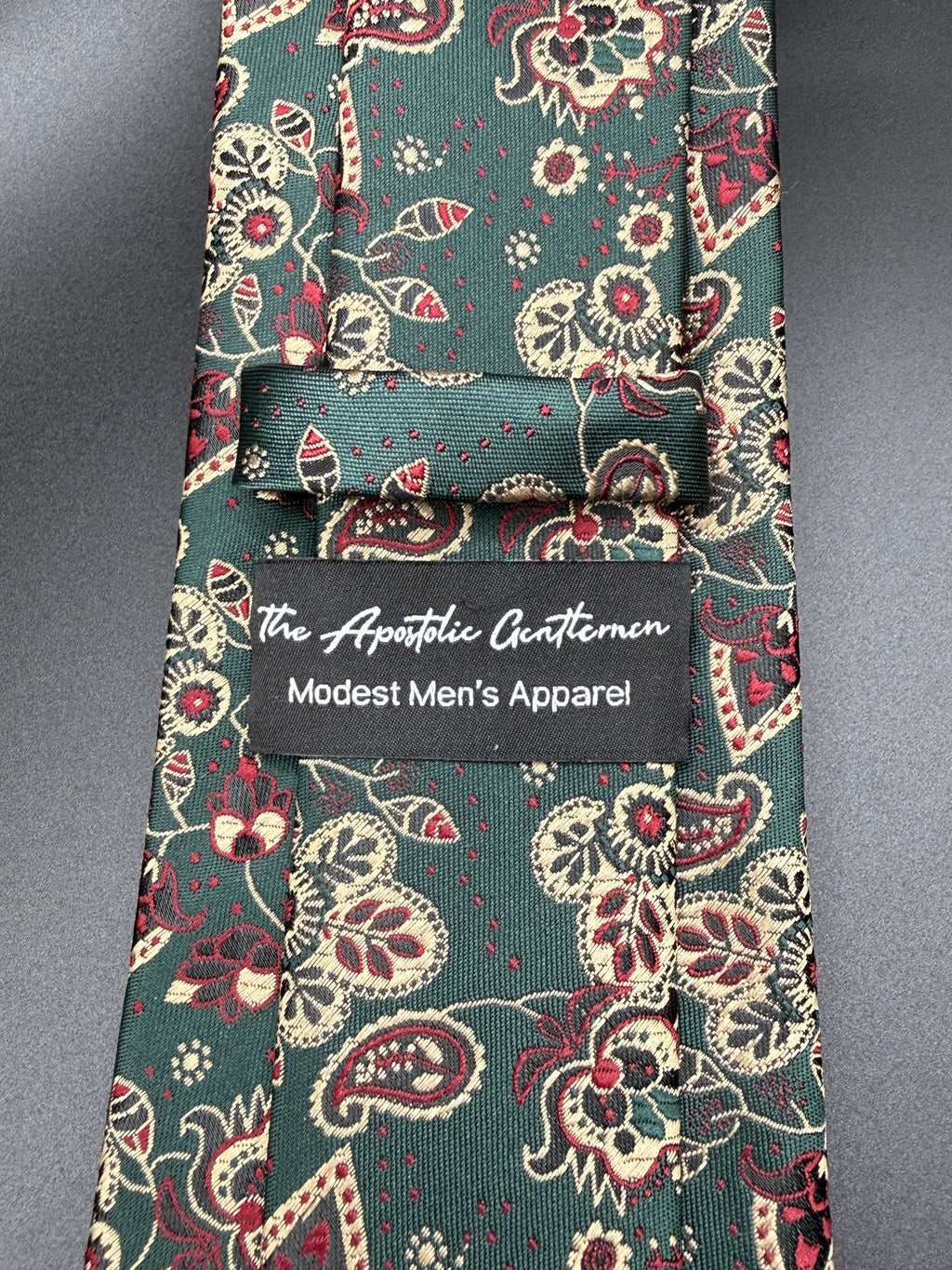 Cream, Gold, and Burgundy on Deep Green Cherry Blossom Paisley Necktie