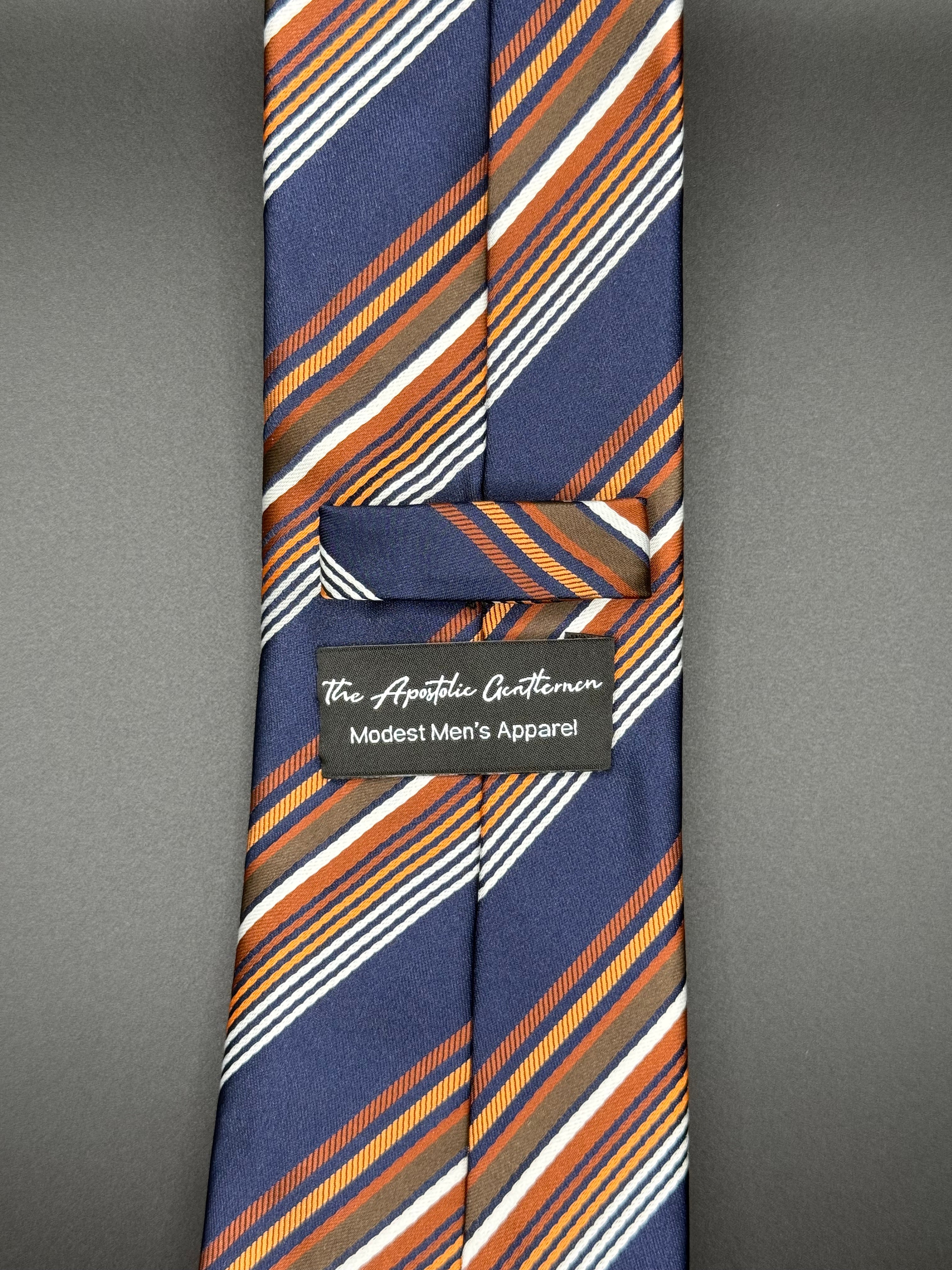 Navy, Copper, Burnt Orange, and Deep Brown Striped Necktie