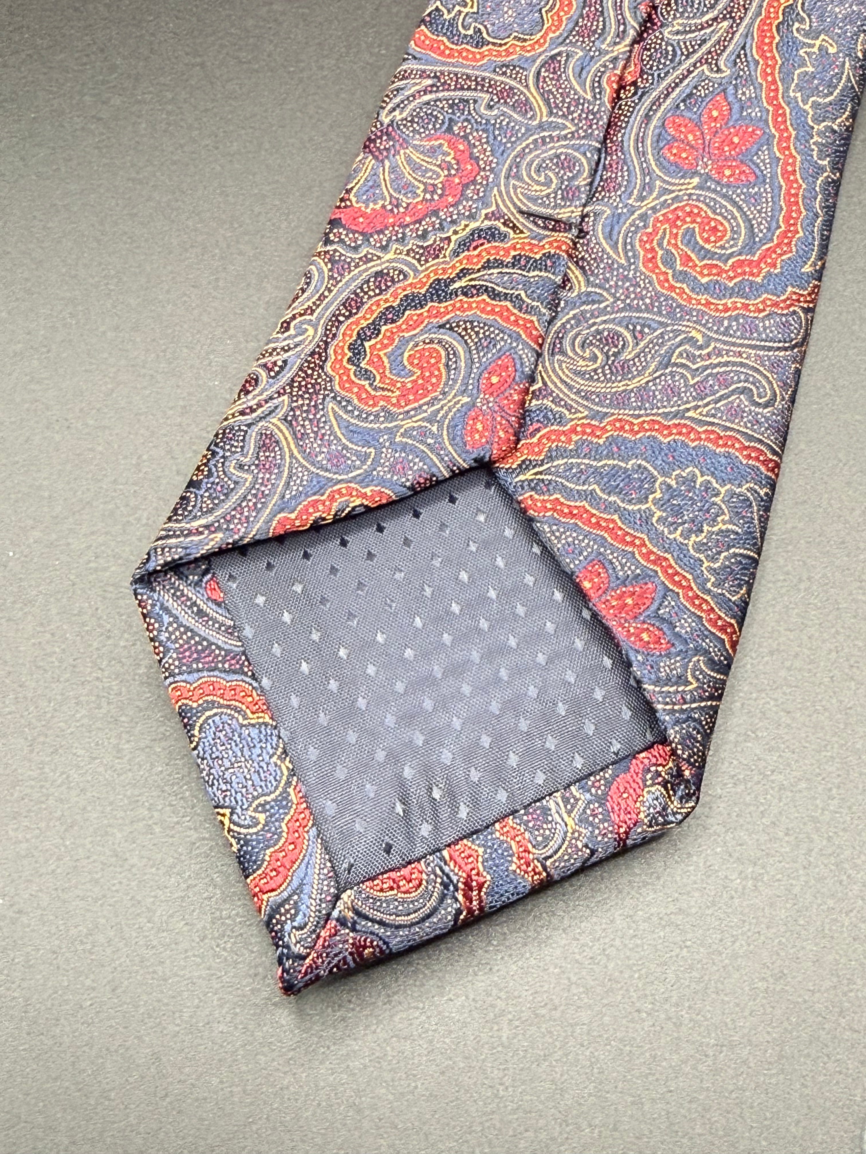 Coral Red, Cream, and Navy  Paisley on Slate Blue Necktie