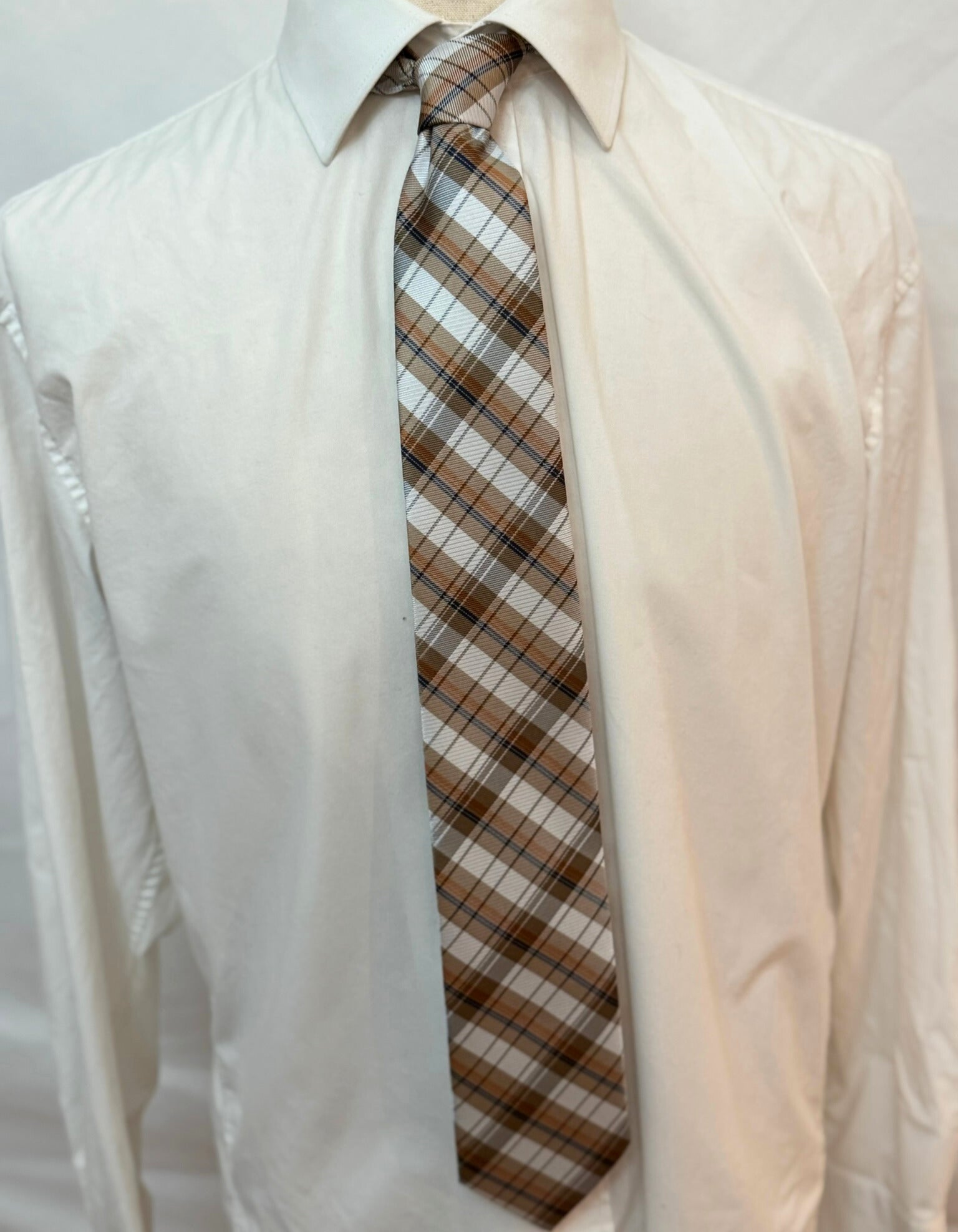 Red, Blue, and White Stripes On Tan Plaid Necktie