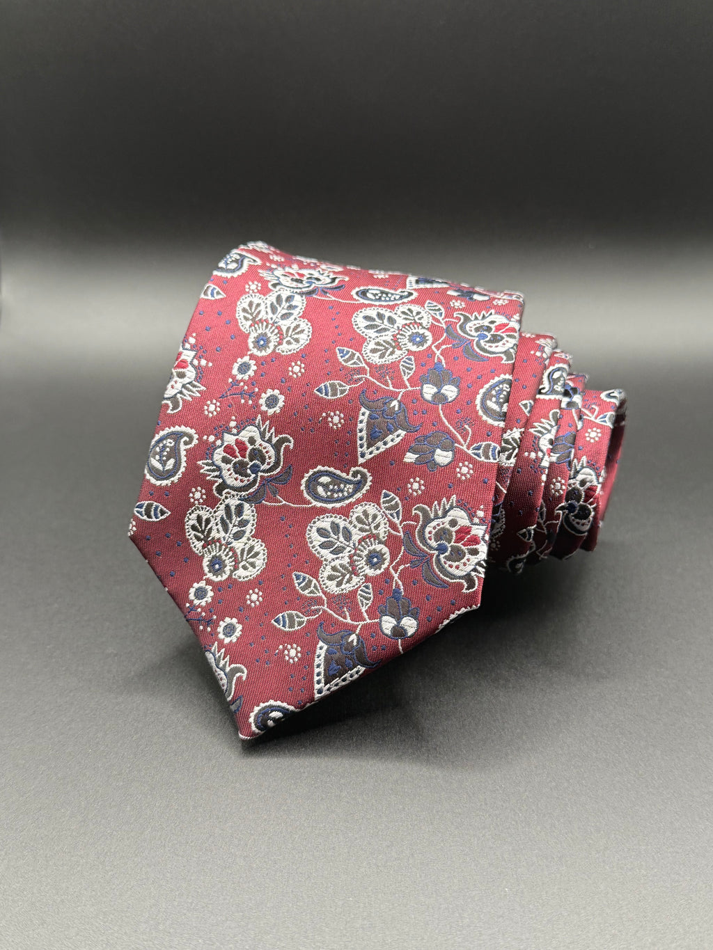 Navy, Silver-grey, and White on Burgundy Cherry Blossom Paisley Necktie