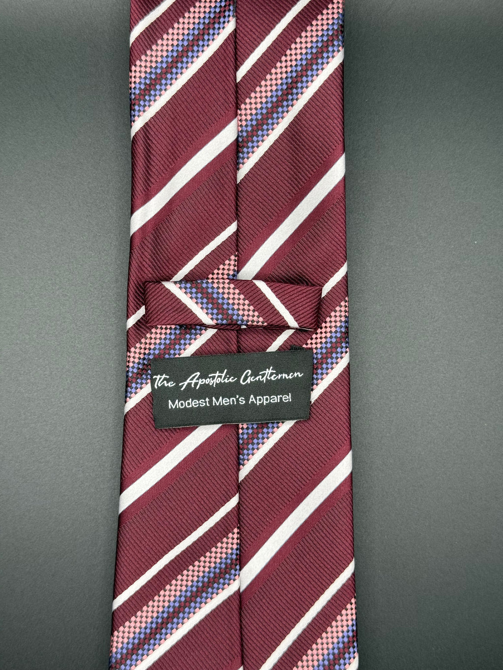 White, Rose, and Lavender Stripes on Burgundy Necktie