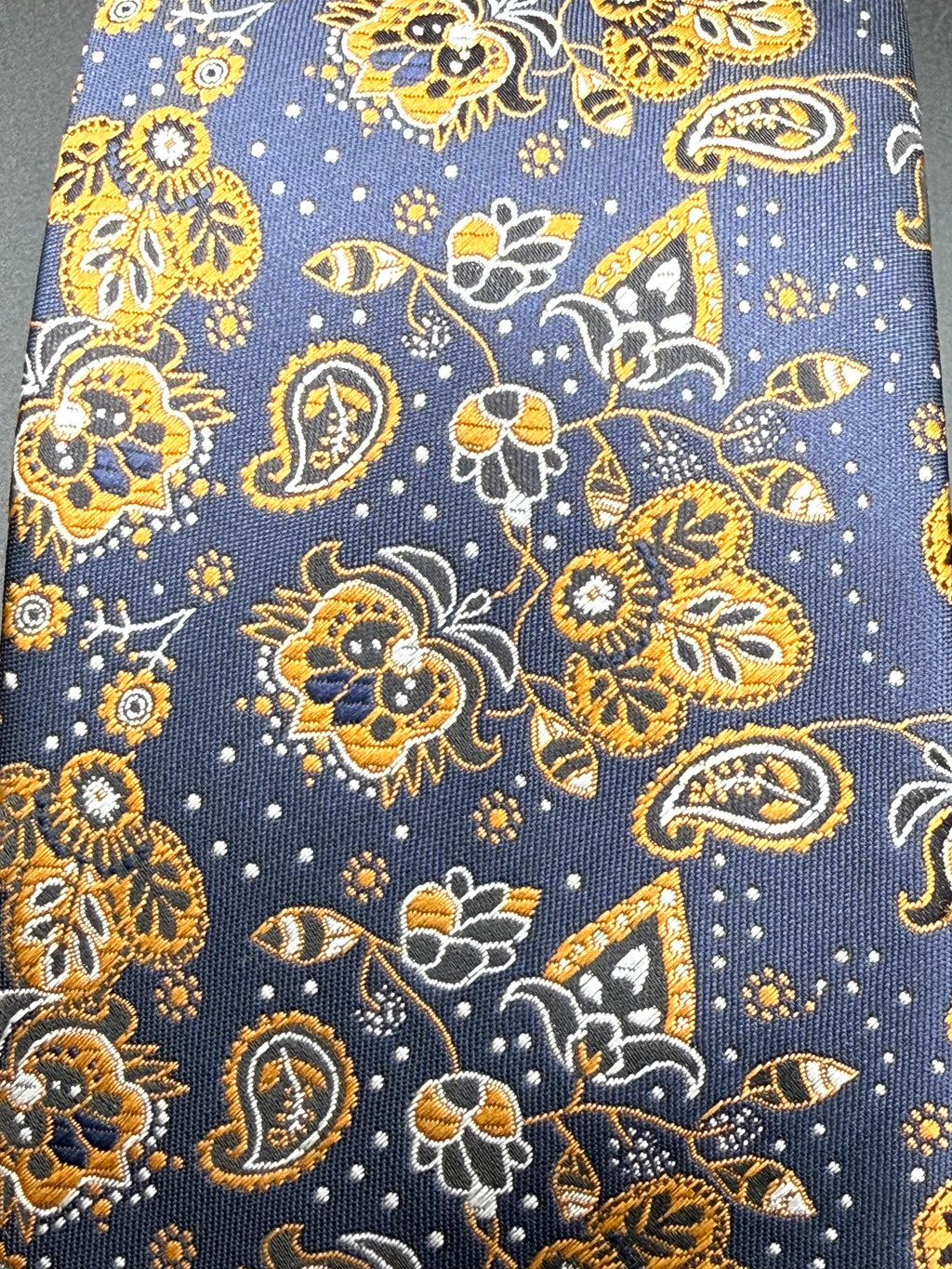 Orange, Cream, and Black on Navy Cherry Blossom Paisley Necktie