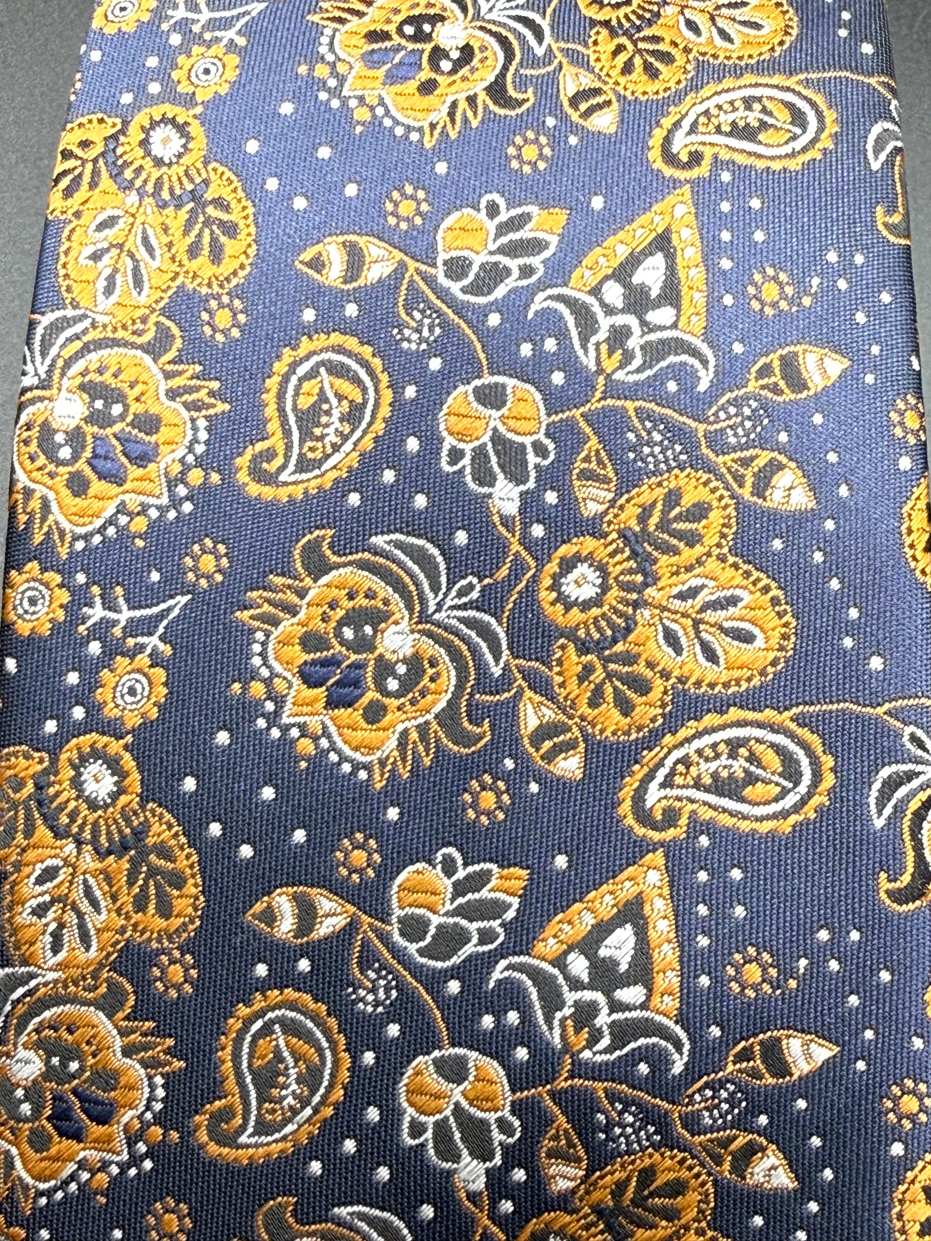 Orange, Cream, and Black on Navy Cherry Blossom Paisley Necktie