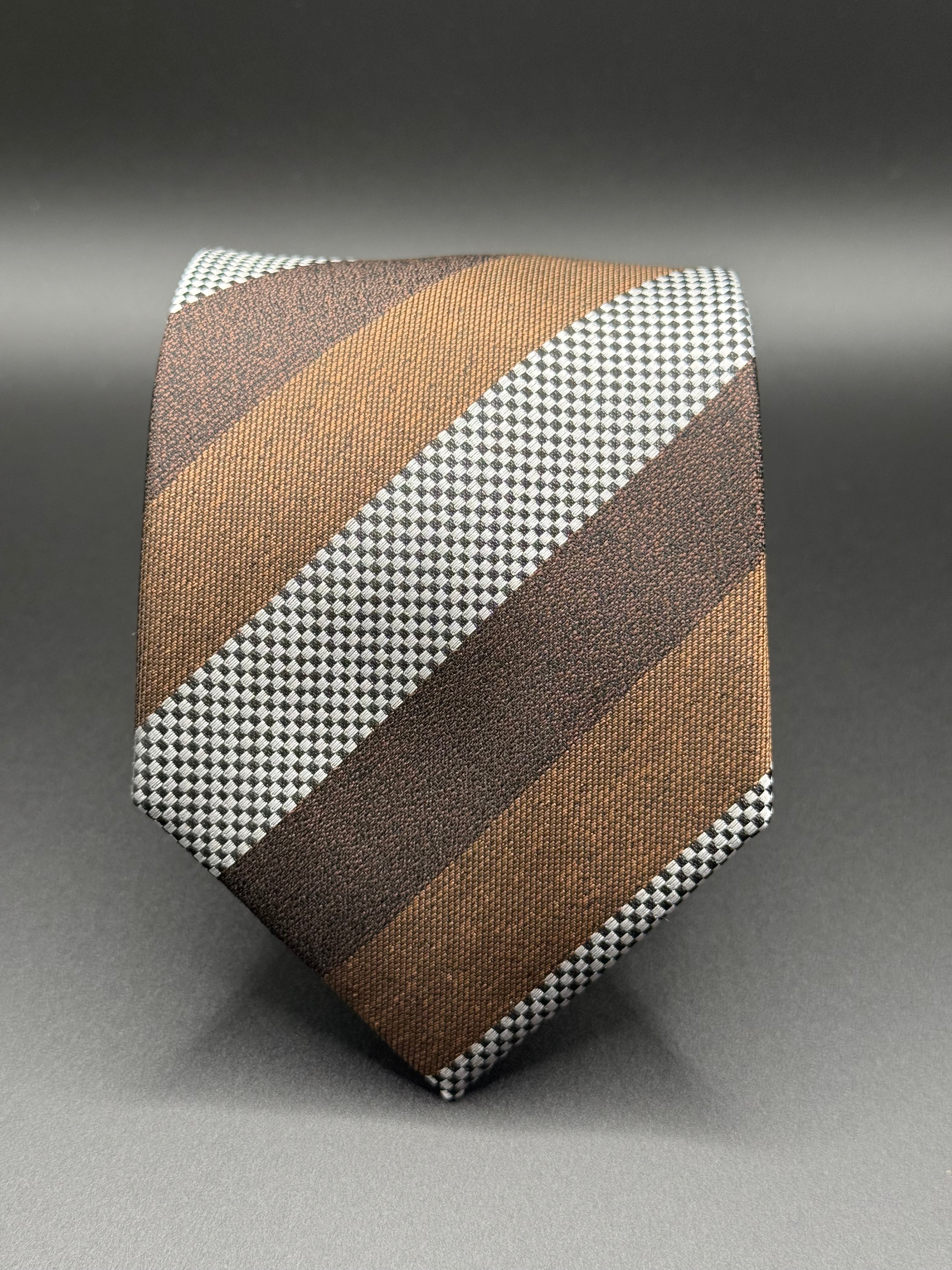 Chocolate Brown, Caramel, White and Black Checkered Striped Necktie
