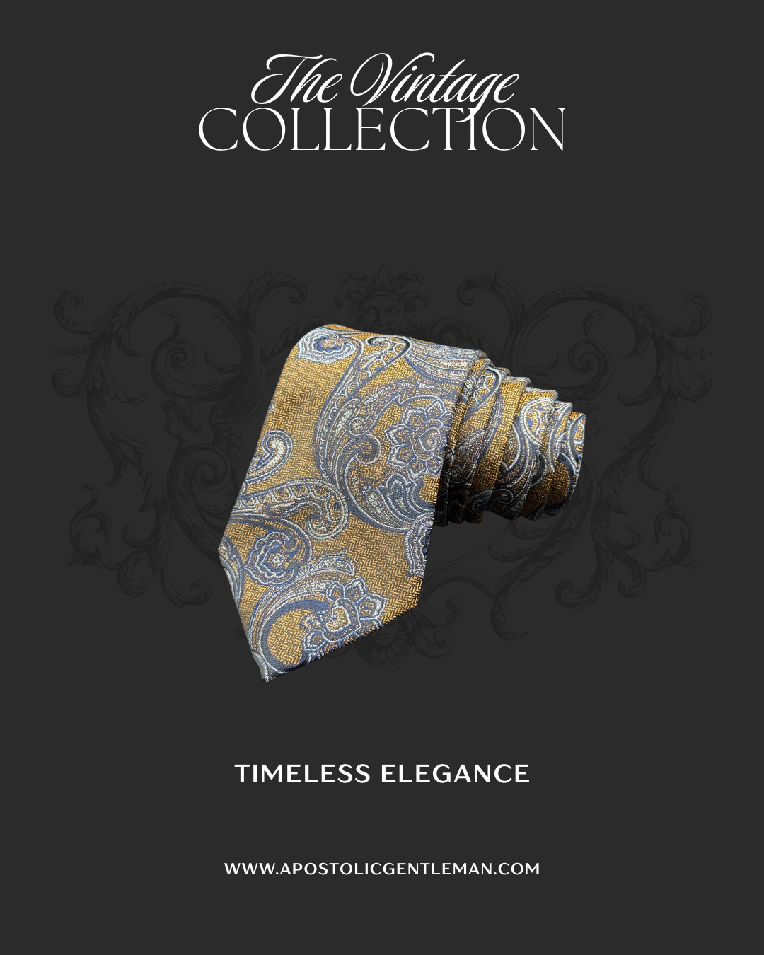 Silver and Sky Blue Vintage Paisley on Golden Yellow Necktie