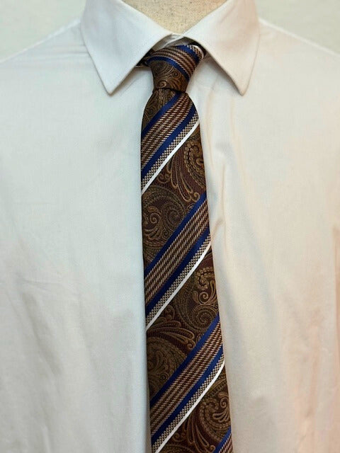 Brown, bronze Paisley & Blue-Cream Chevron Striped Necktie