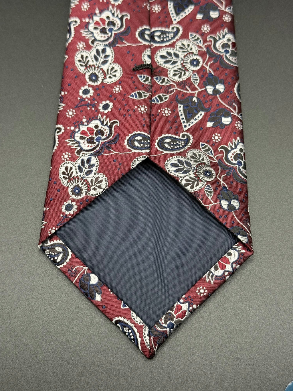 Navy, Silver-grey, and White on Burgundy Cherry Blossom Paisley Necktie