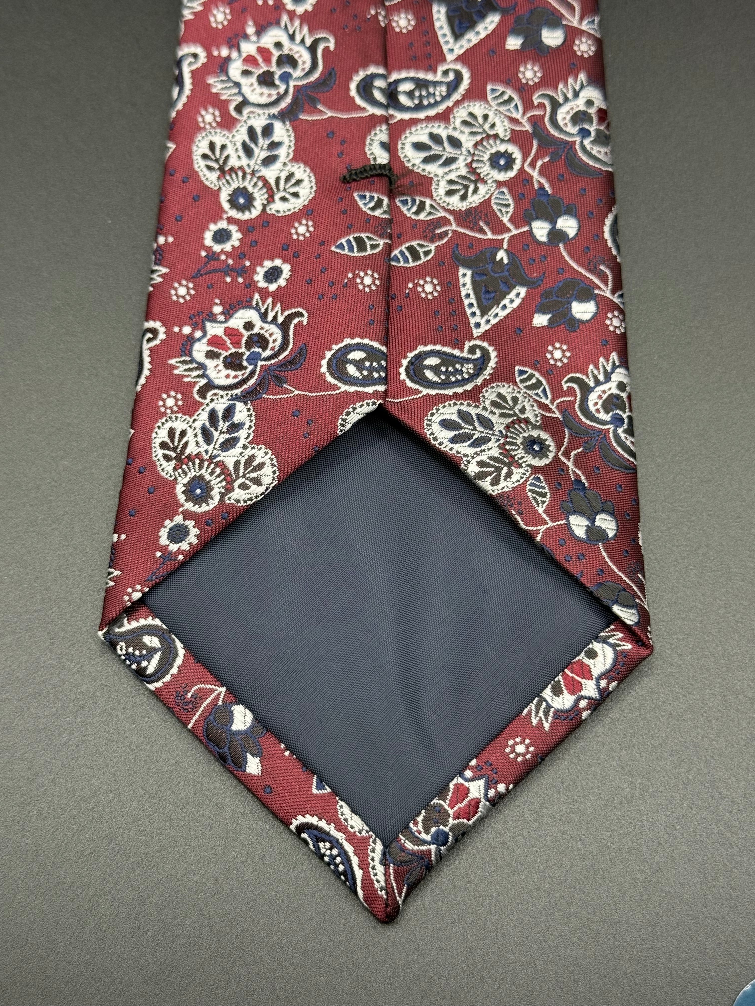 Navy, Silver-grey, and White on Burgundy Cherry Blossom Paisley Necktie