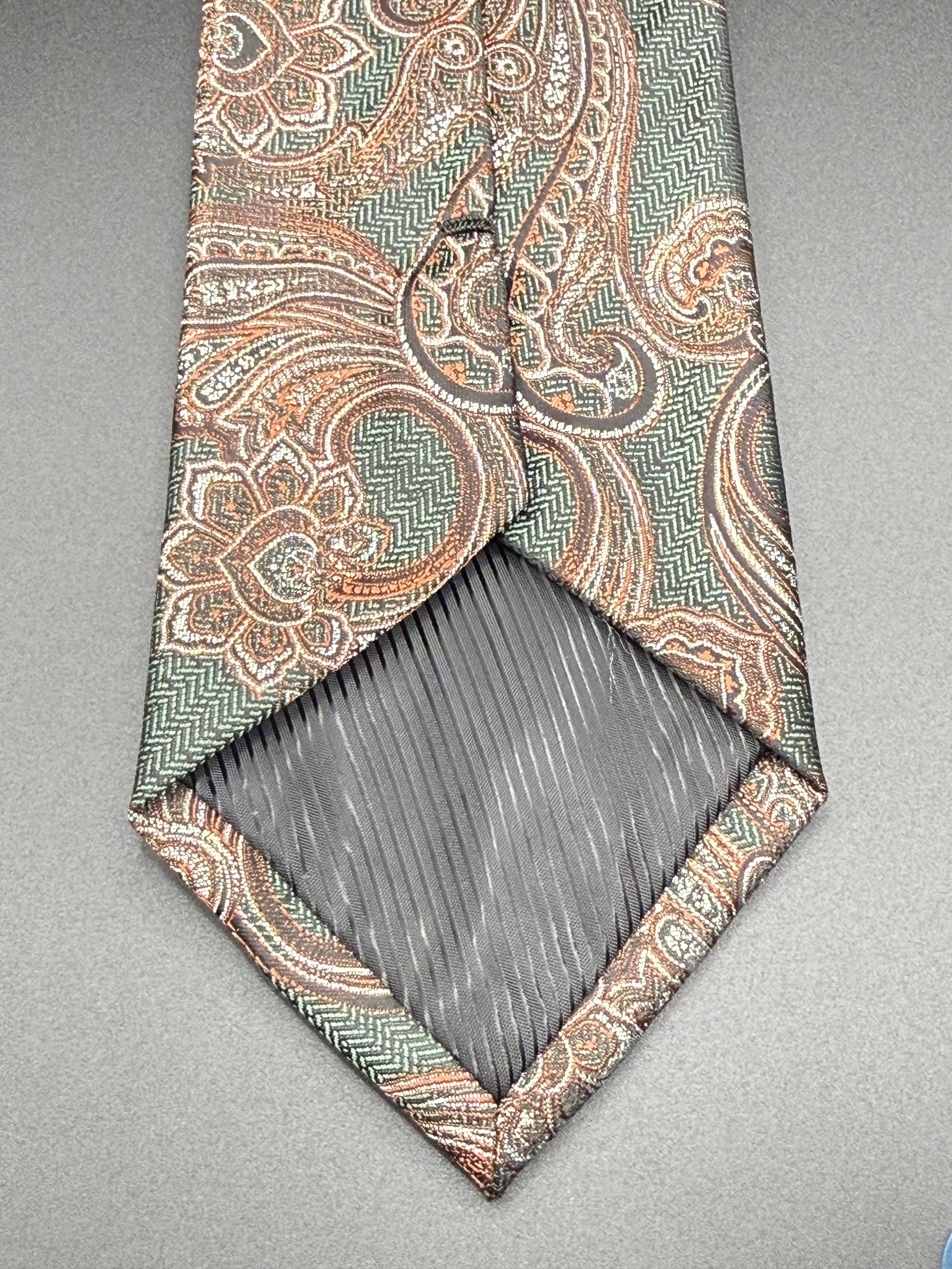 Brown and Silver Vintage Paisley on Deep Forest Green necktie