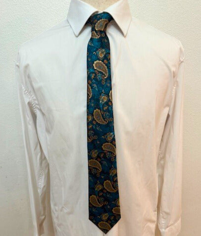 Gold, Teal, and Turquoise Paisley on Charcoal Grey Necktie
