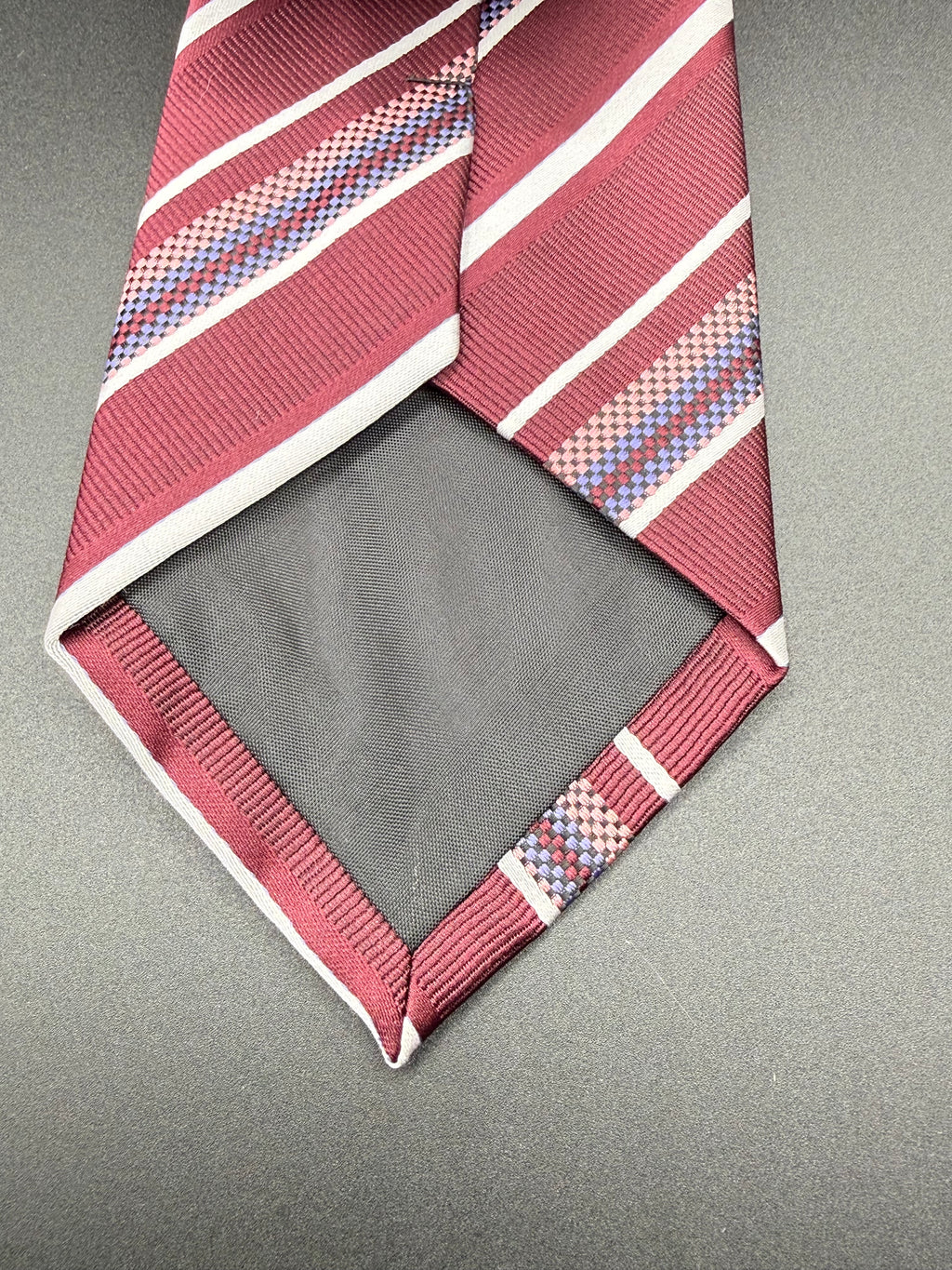 White, Rose, and Lavender Stripes on Burgundy Necktie