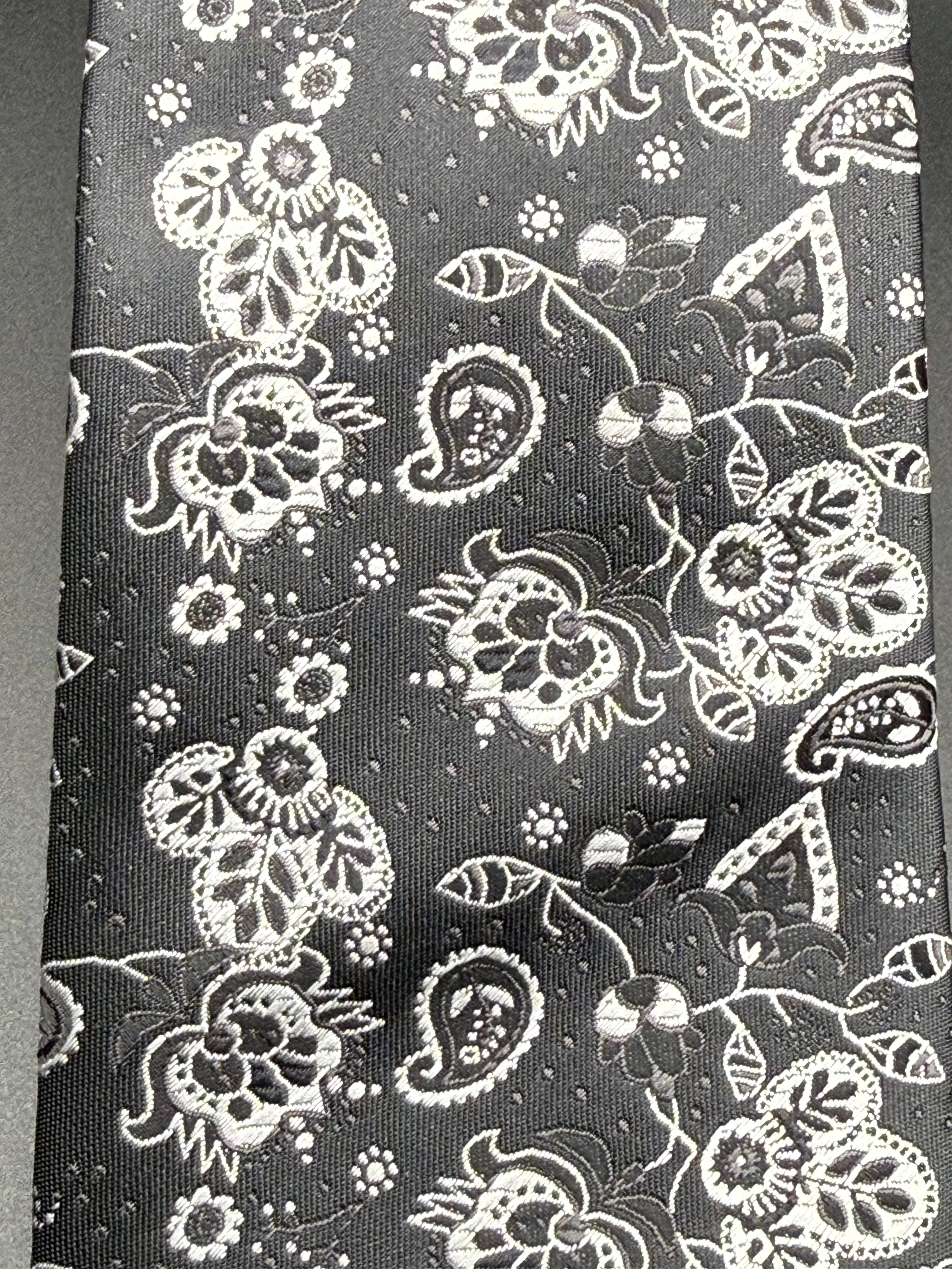 Black, silver and white on Black Cherry Blossom Paisley Necktie
