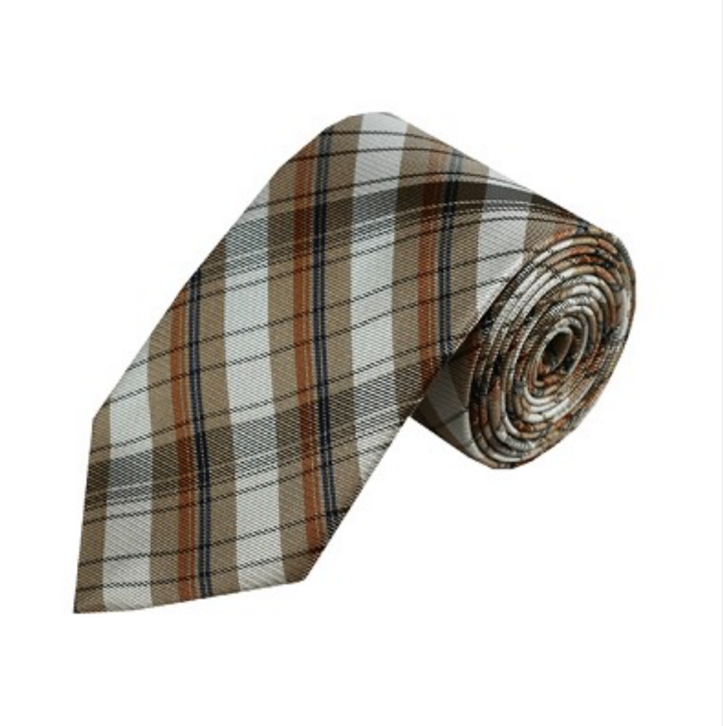 Red, Blue, and White Stripes On Tan Plaid Necktie
