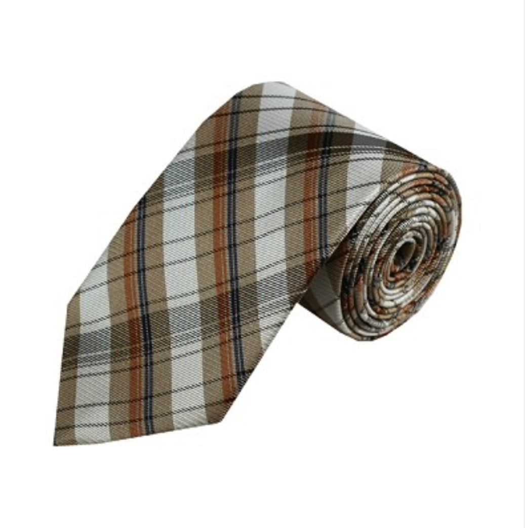 Red, Blue, and White Stripes On Tan Plaid Necktie