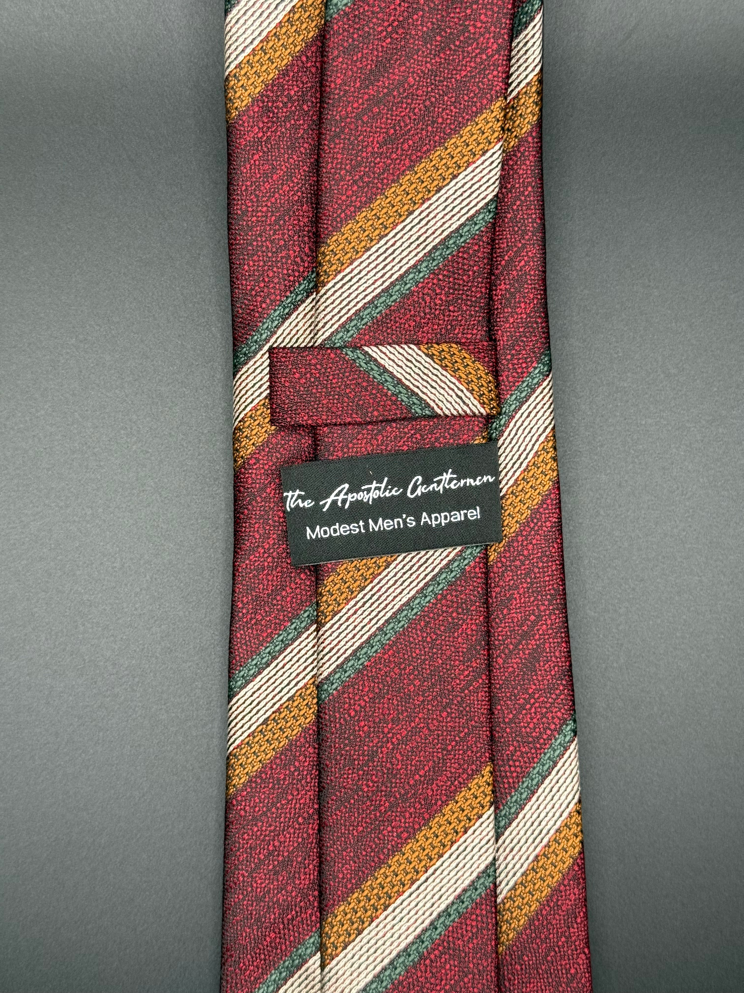 White, Forest Green, and Bronze Stripes on Burgundy Necktie