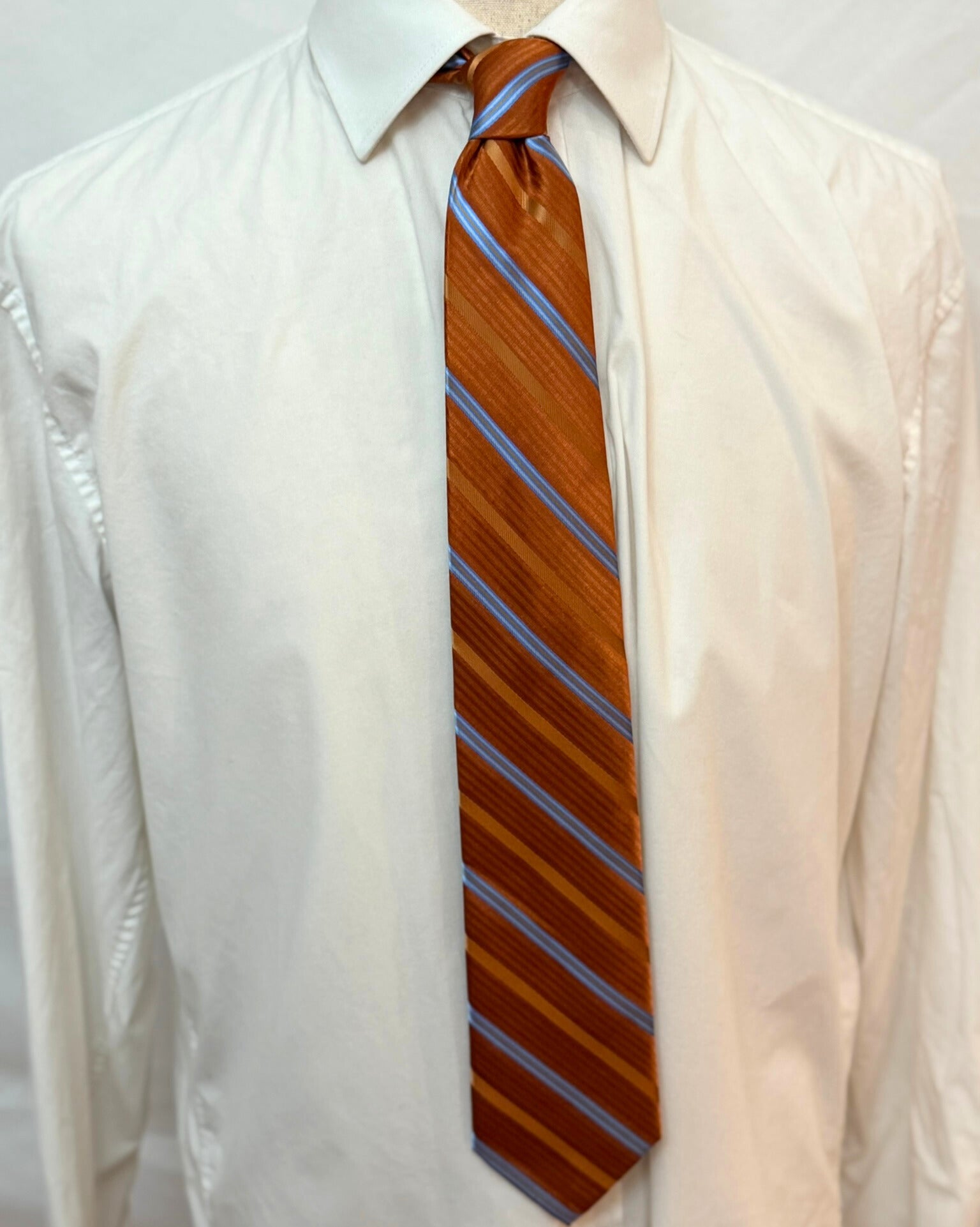 Orange, Dark Copper, Blue and Grey Striped Necktie