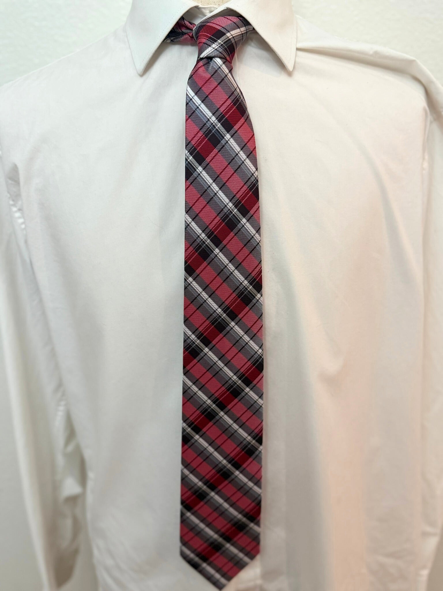 White, Gray, and Black Stripes on Red Plaid Necktie