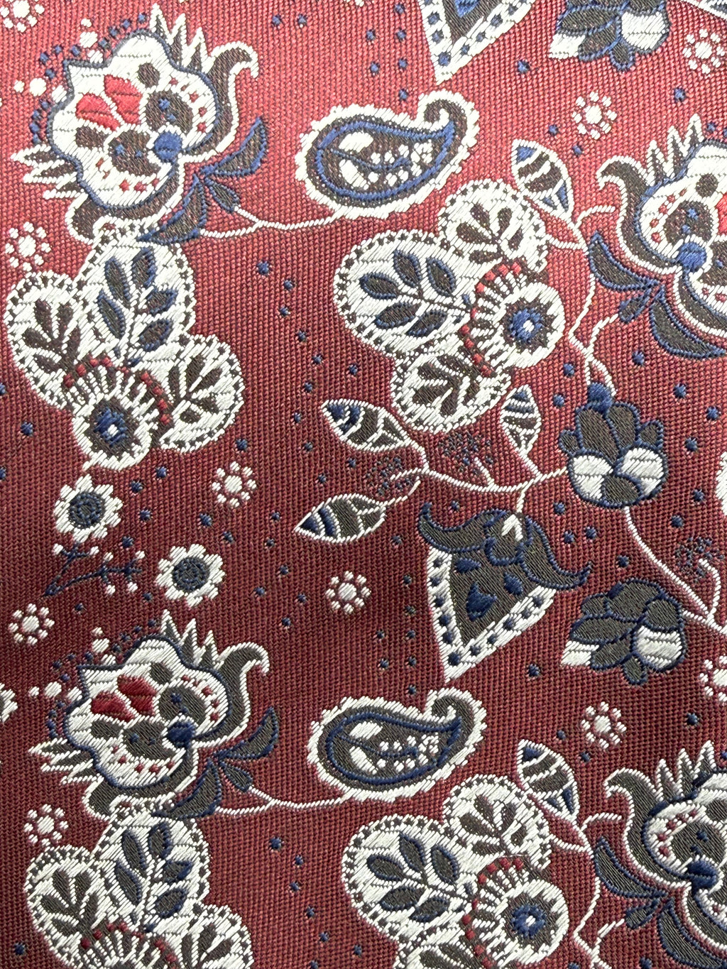 Navy, Silver-grey, and White on Burgundy Cherry Blossom Paisley Necktie