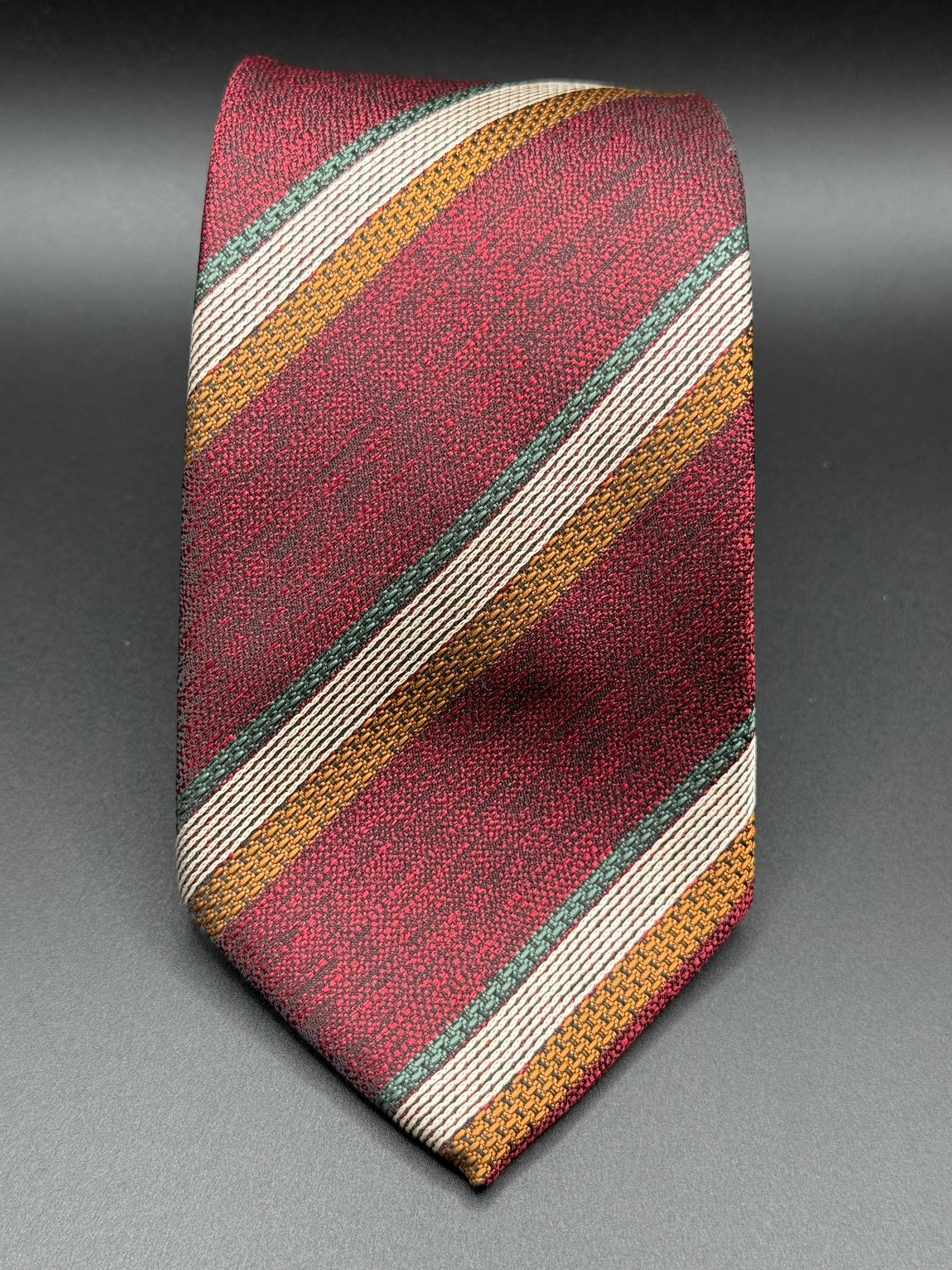 White, Forest Green, and Bronze Stripes on Burgundy Necktie