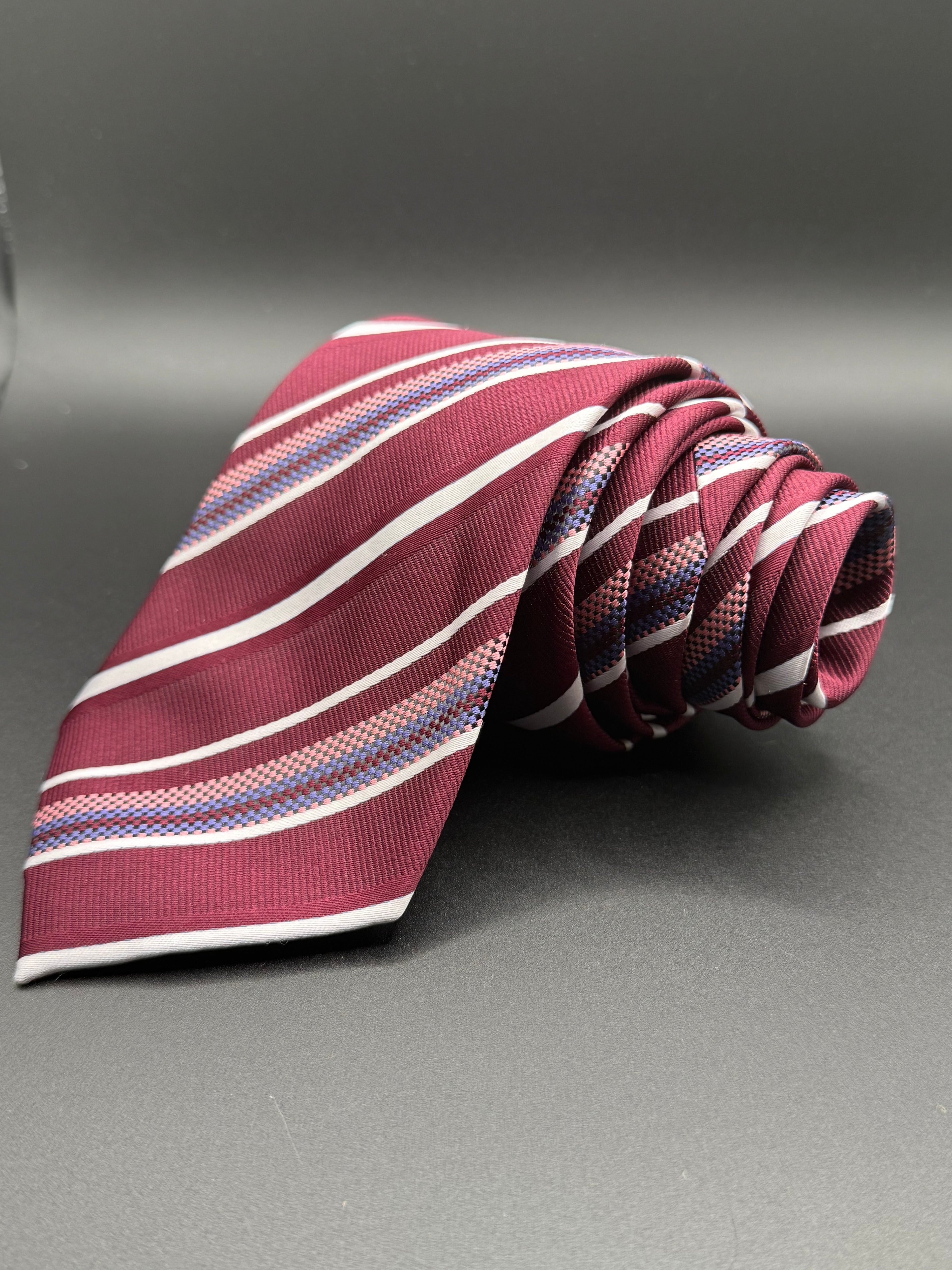 White, Rose, and Lavender Stripes on Burgundy Necktie