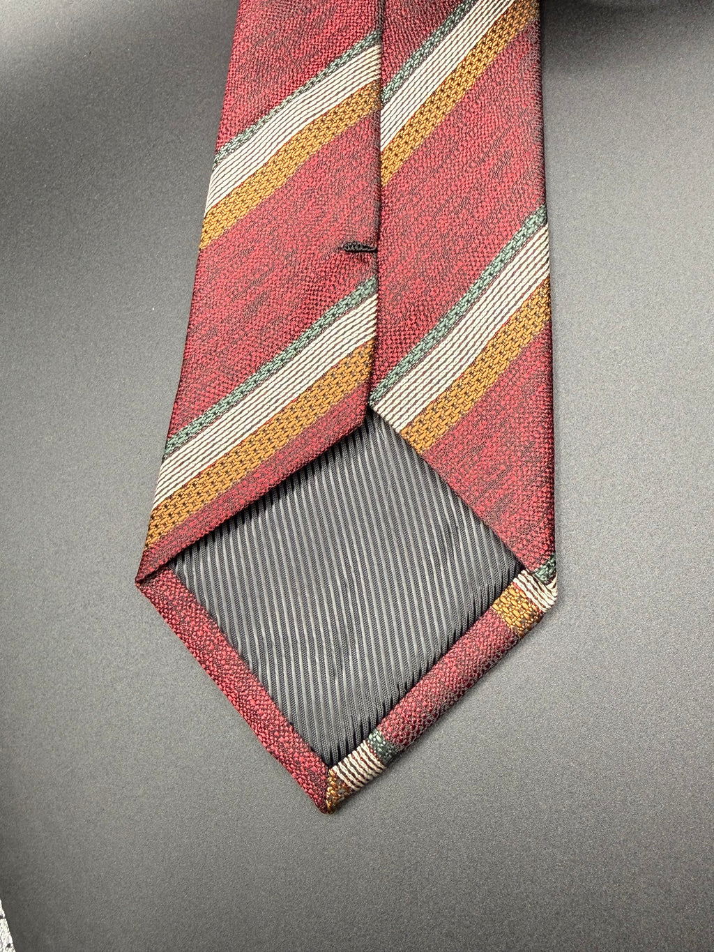 White, Forest Green, and Bronze Stripes on Burgundy Necktie