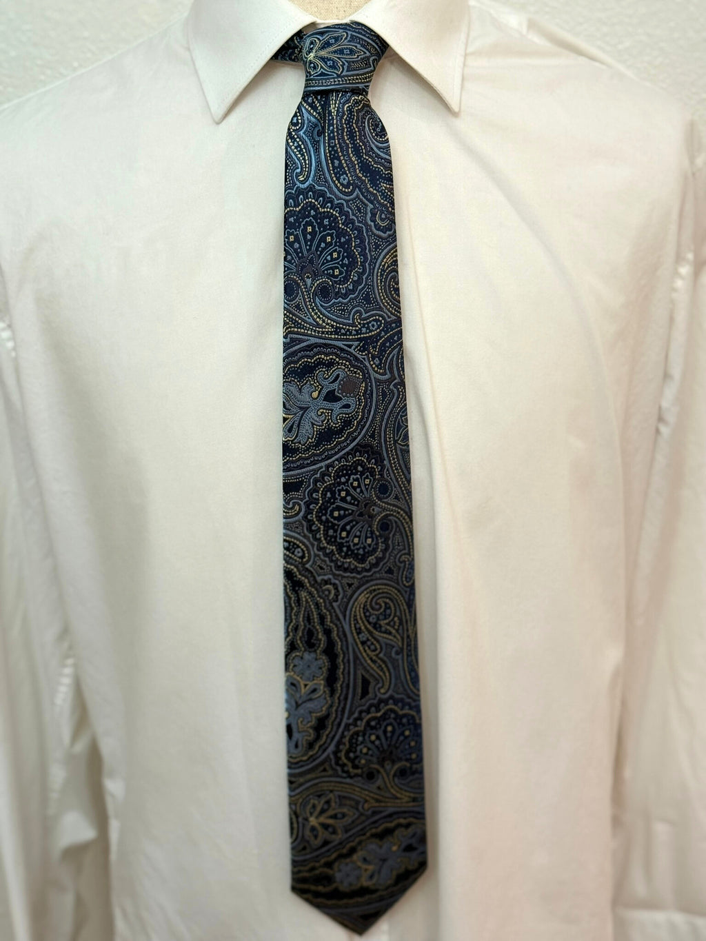 Steel Blue, Gold, and Navy Paisley Necktie