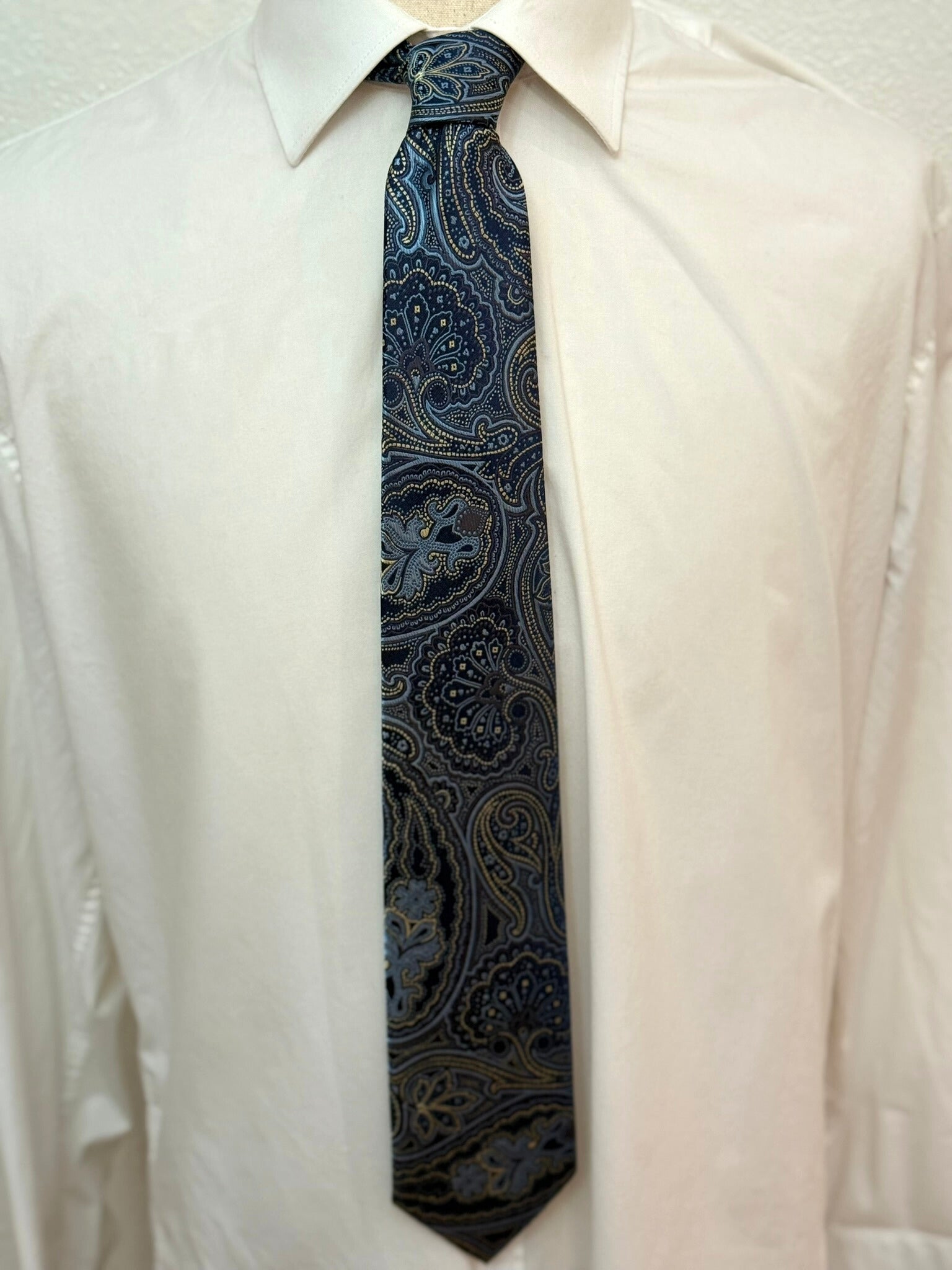 Steel Blue, Gold, and Navy Paisley Necktie