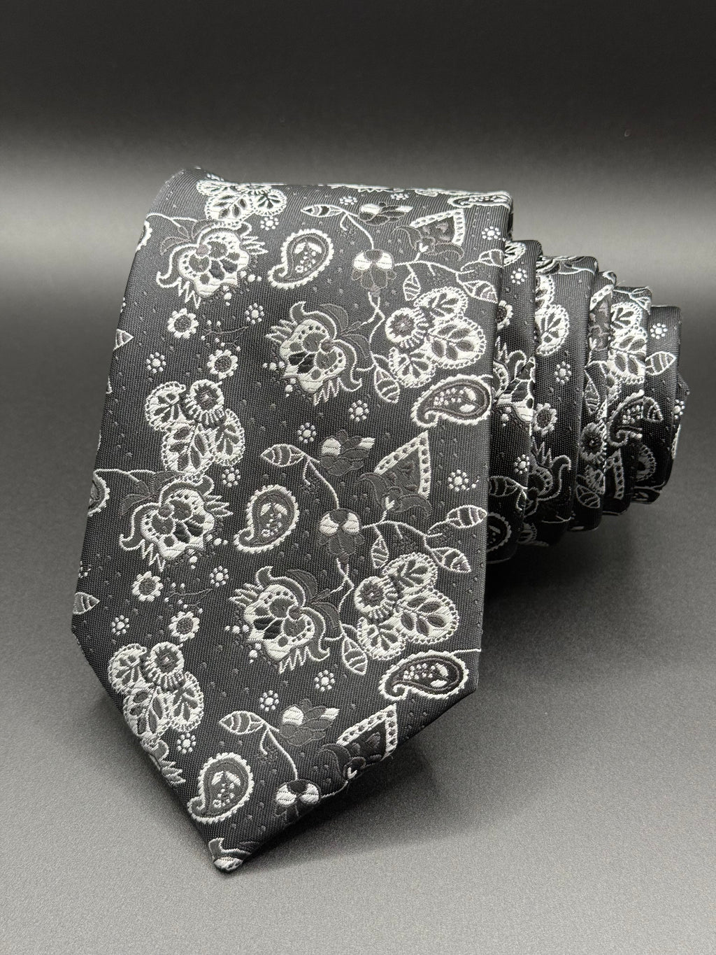 Black, silver and white on Black Cherry Blossom Paisley Necktie