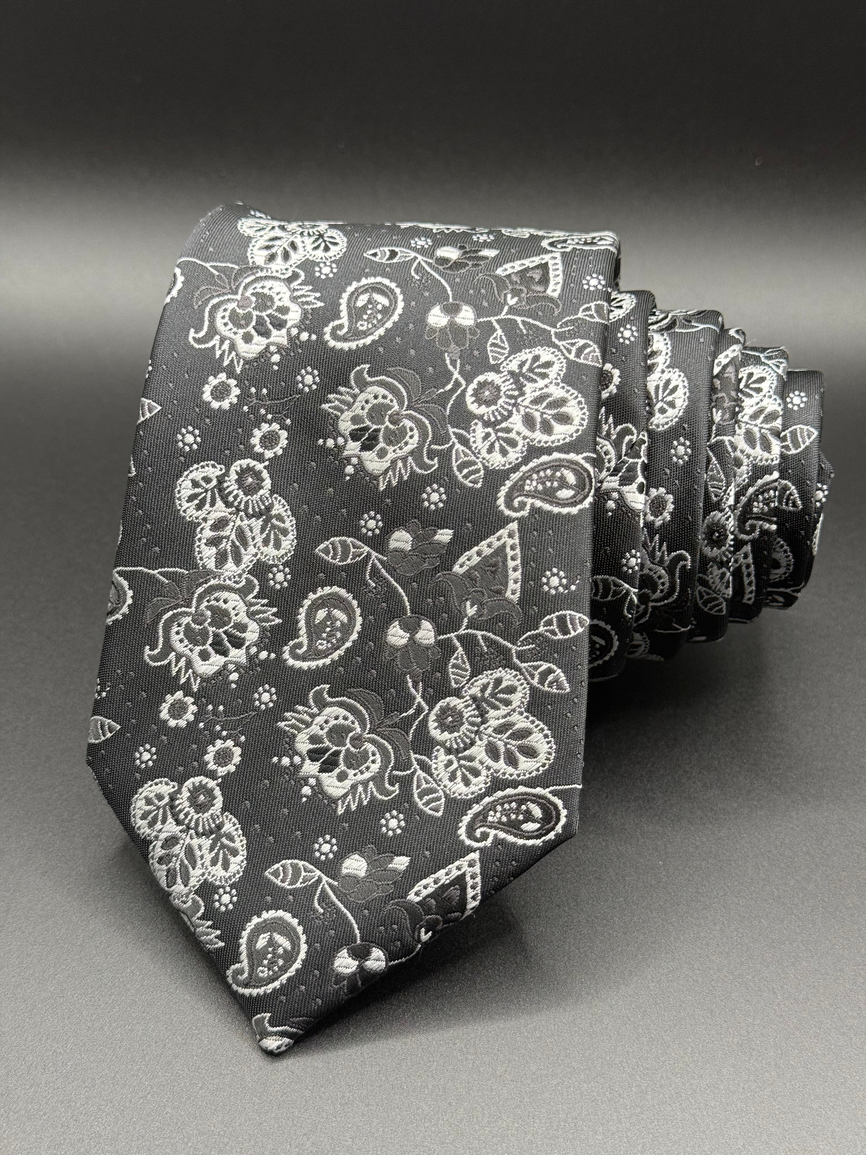 Black, silver and white on Black Cherry Blossom Paisley Necktie