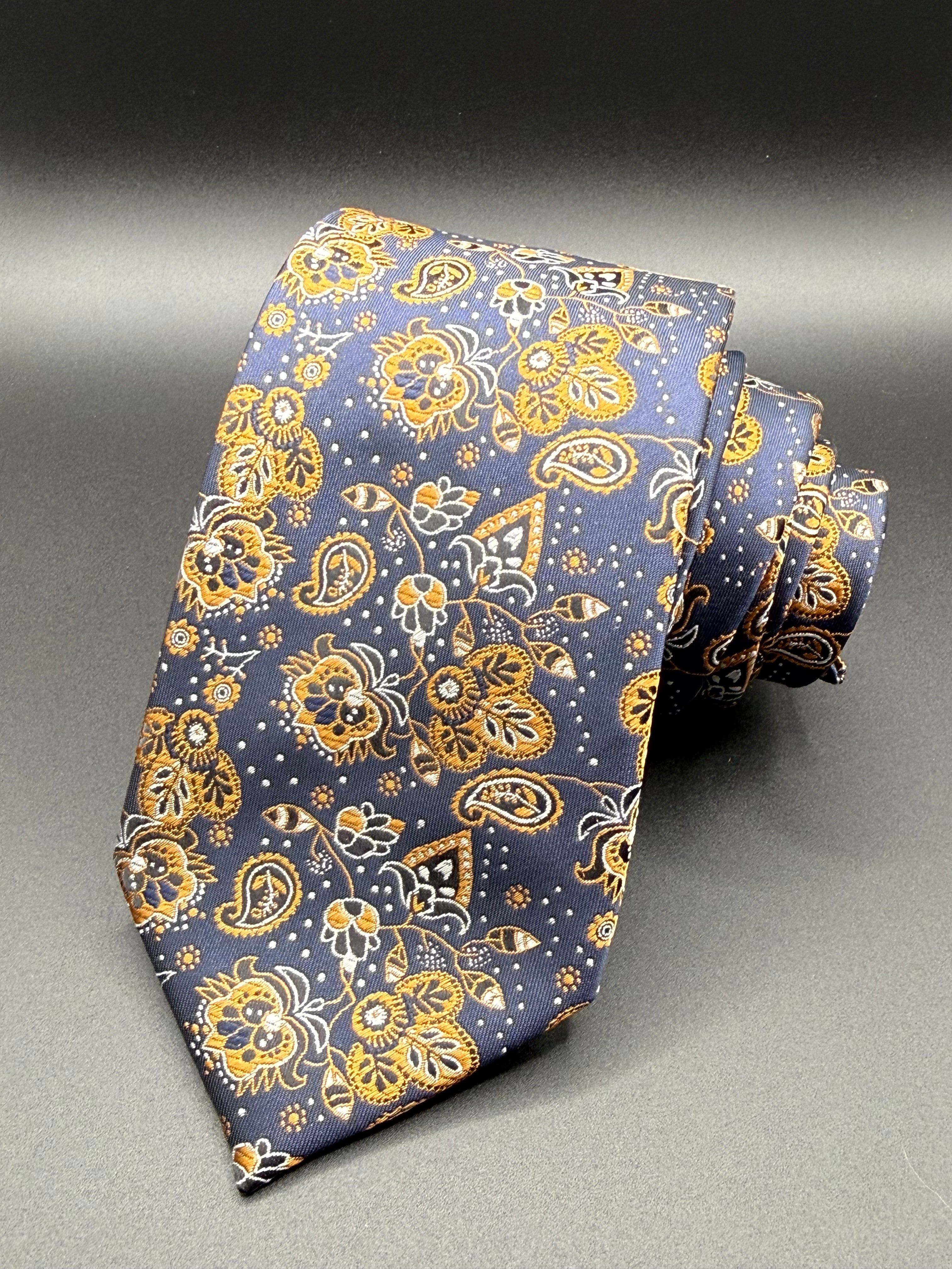 Orange, Cream, and Black on Navy Cherry Blossom Paisley Necktie